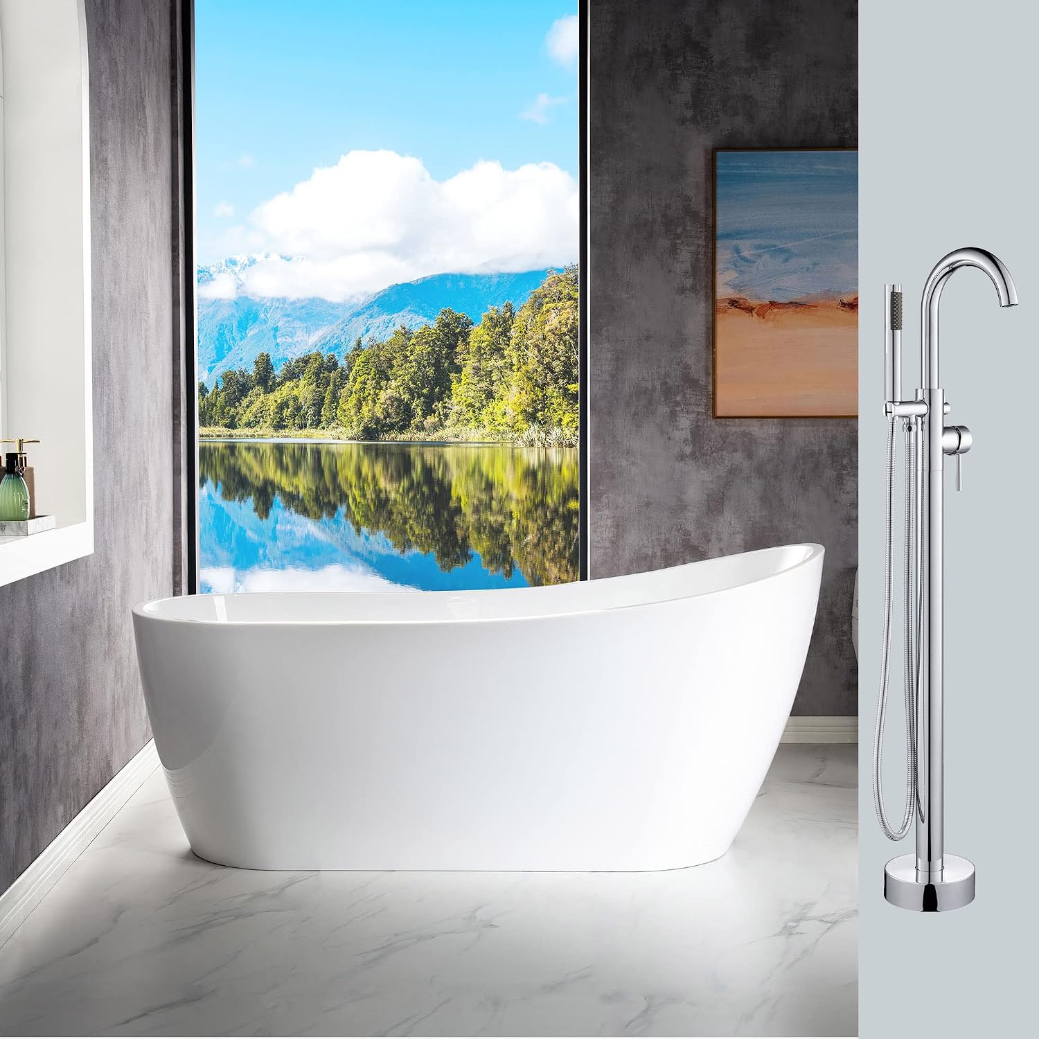 WOODBRIDGE 67' Acrylic Freestanding Bathtub Contemporary Soaking Tub with Chrome Overflow and Drain BTA1508-C,With Chrome Faucet F0002