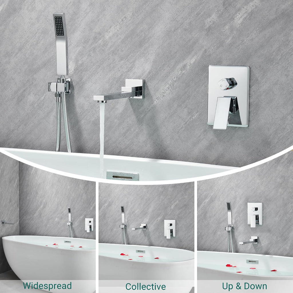 DASAN Swiveling Wall Mount Tub Filler Faucet Set with Hand Held Shower, Chrome Modern Creative Bathtub Faucet Wall Mounted Bath Tub Faucet with High Flow Rough in Valve, SA-TF05WH-PC