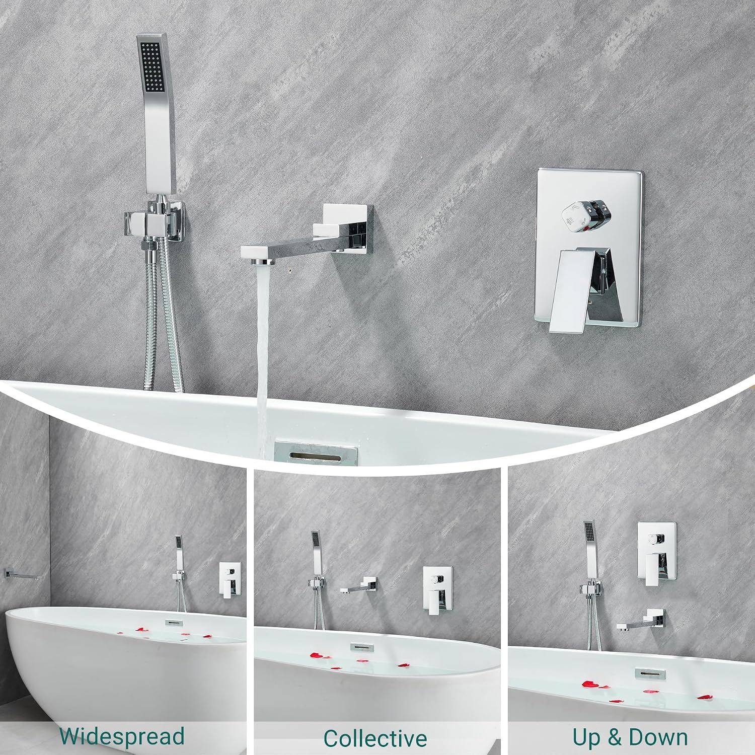 DASAN Swiveling Wall Mount Tub Filler Faucet Set with Hand Held Shower, Chrome Modern Creative Bathtub Faucet Wall Mounted Bath Tub Faucet with High Flow Rough in Valve, SA-TF05WH-PC