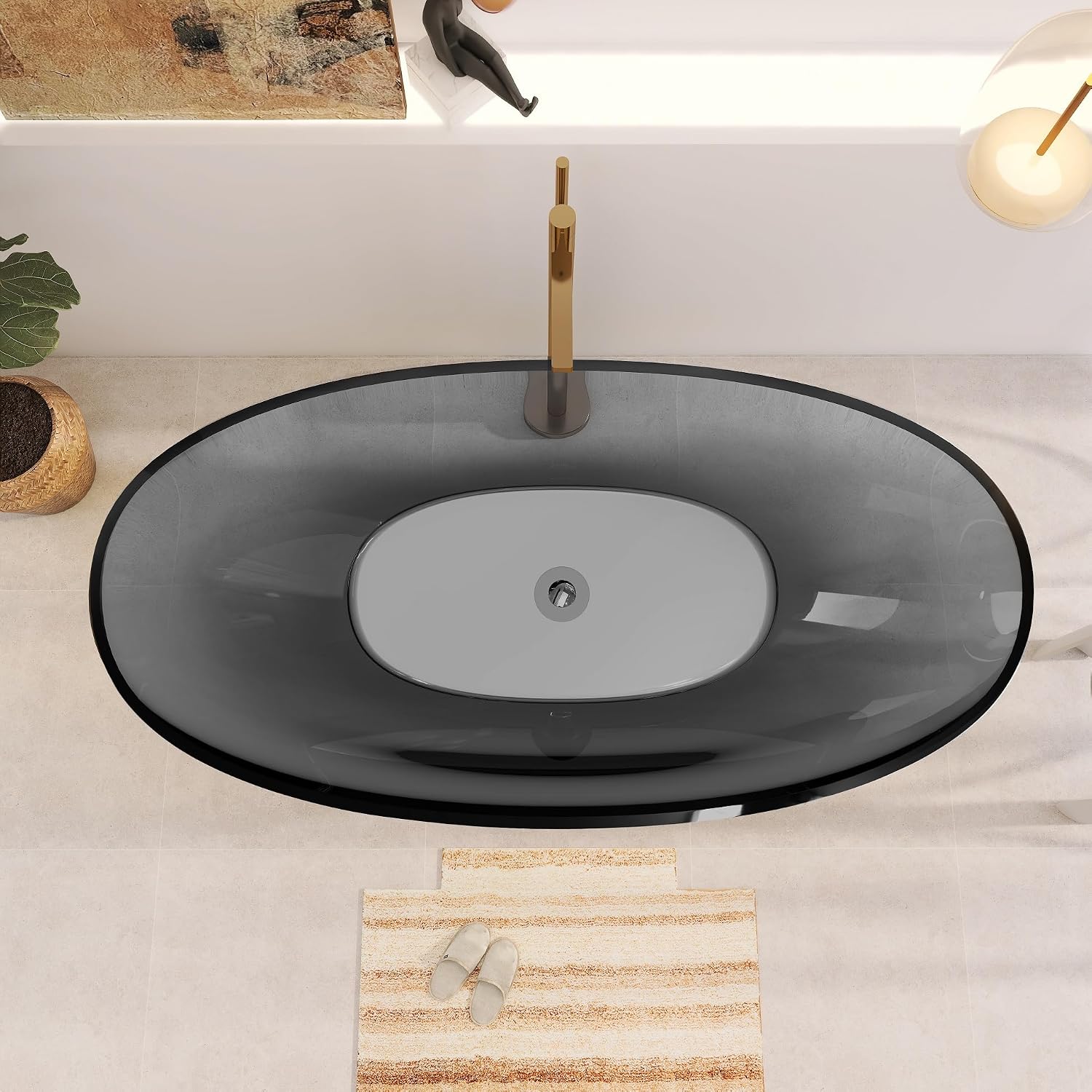 71' Premium Solid Surface Freestanding Bathtubs, Upgraded Transparent Dark Grey Oval Resin Soaking Tub with Pop-up Drain