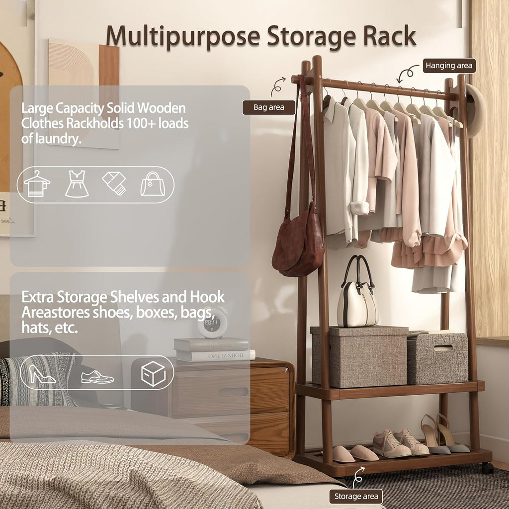 Solid Wood Clothing Rack Freestanding with Wheels, 3-in-1 Coat Rack with 2 Shelves & Hooks Load 500 Lbs, Heavy Duty Garment Rack for Hanging Clothes & Organizer for Entryway Bedroom Living Room 23.6'W