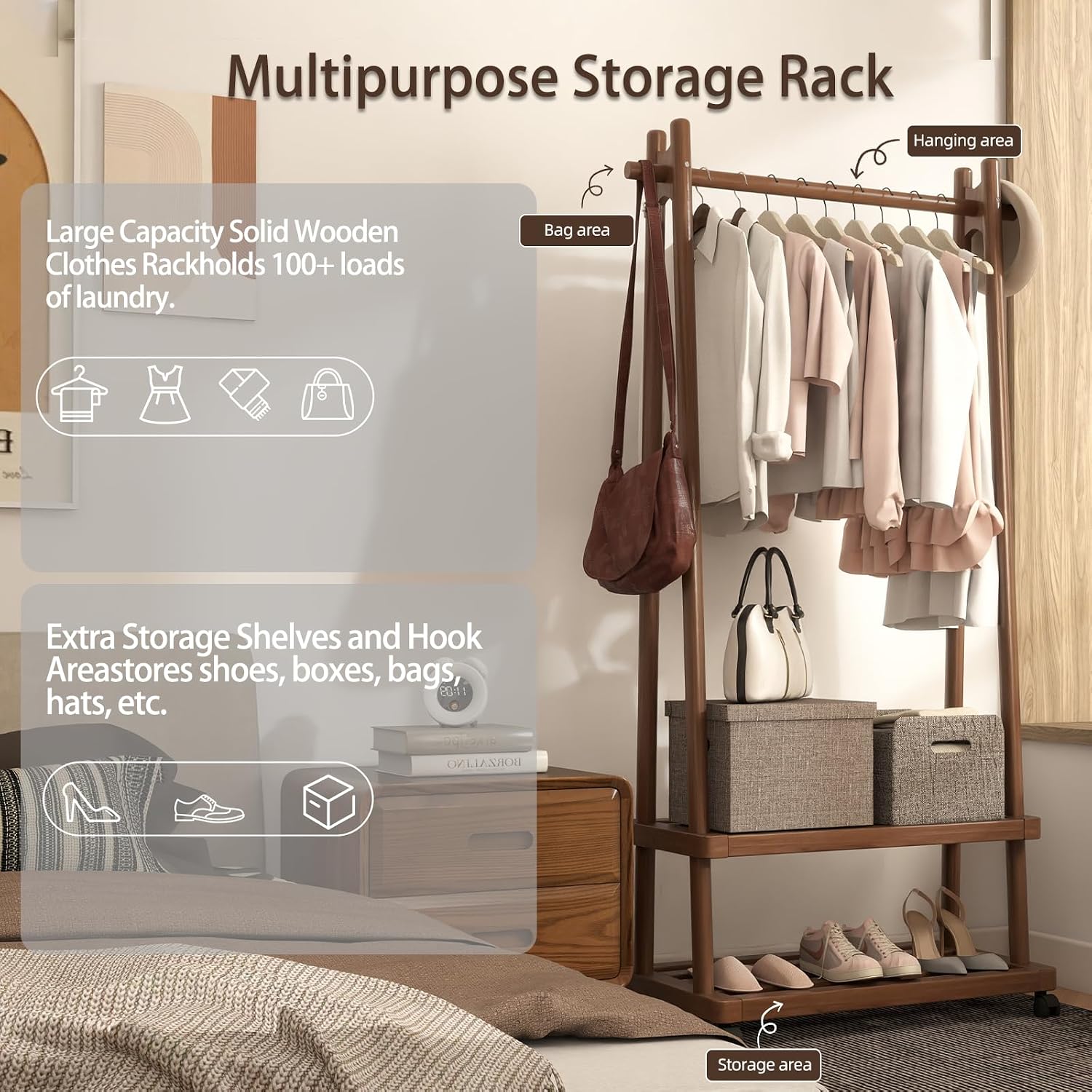Solid Wood Clothing Rack Freestanding with Wheels, 3-in-1 Coat Rack with 2 Shelves & Hooks Load 500 Lbs, Heavy Duty Garment Rack for Hanging Clothes & Organizer for Entryway Bedroom Living Room 23.6'W