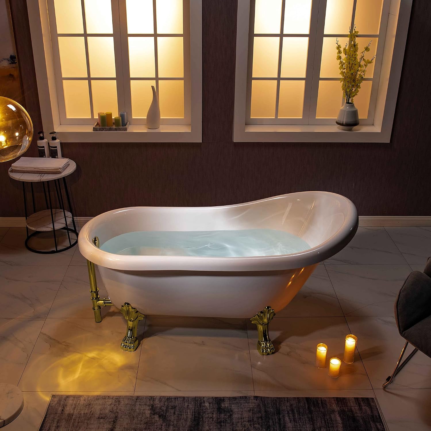 WOODBRIDGE 59' Heavy Duty Acrylic Slipper Clawfoot Bath Tub with Polished Gold Feet + Polished Gold Drain &Overflow