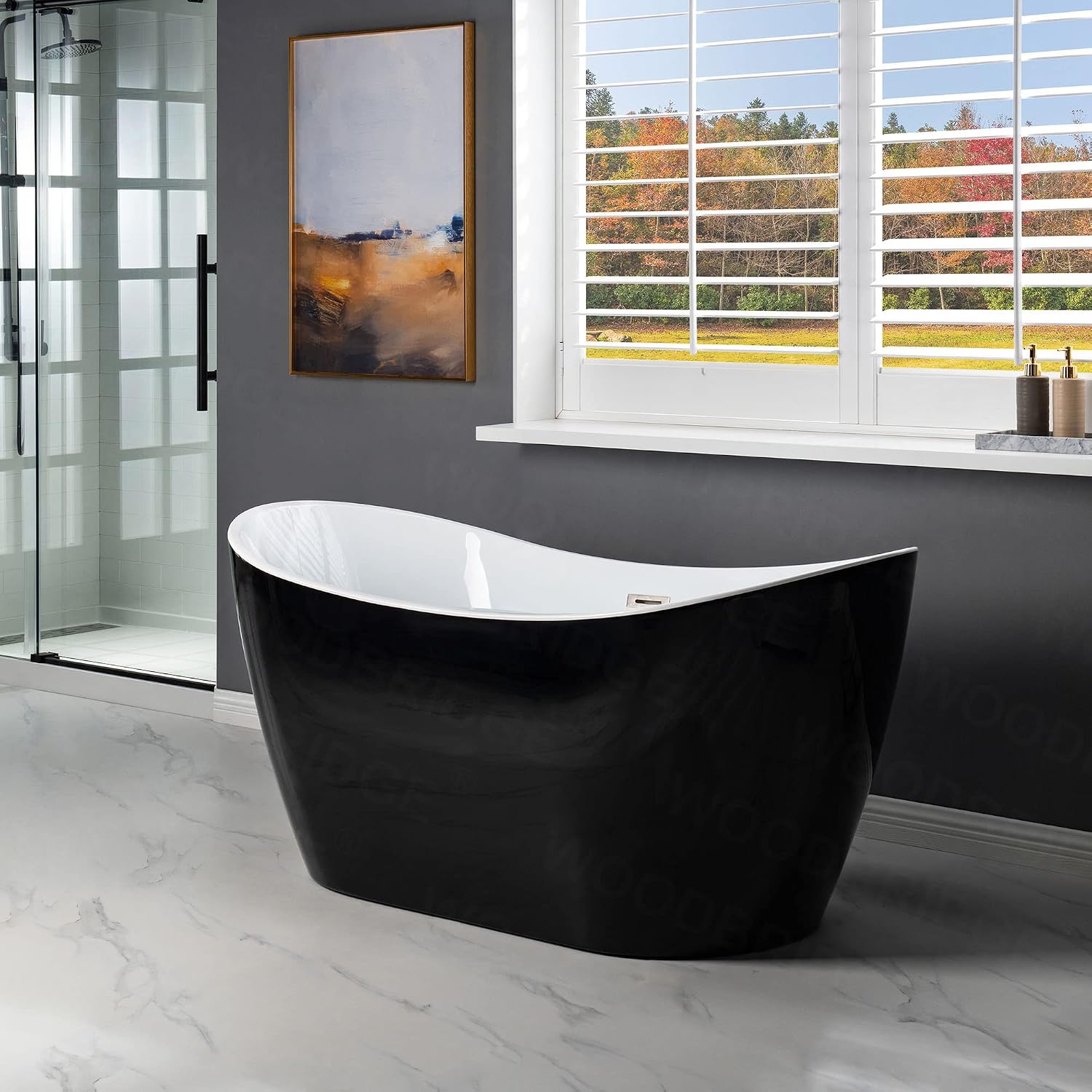 WOODBRIDGE 59' Acrylic Freestanding Bathtub Contemporary Soaking Tub, Black Acrylic(Brushed Nickel Drain/Overflow),BTA1816-BN