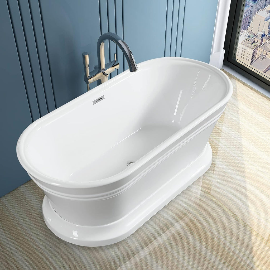 Vanity Art 59 x 30 Inches Freestanding Bathtub Acrylic Modern Stand Alone Soaking Tub with UPC Certified Slotted Overflow and Pop-up Center Drain, White VA6610-S