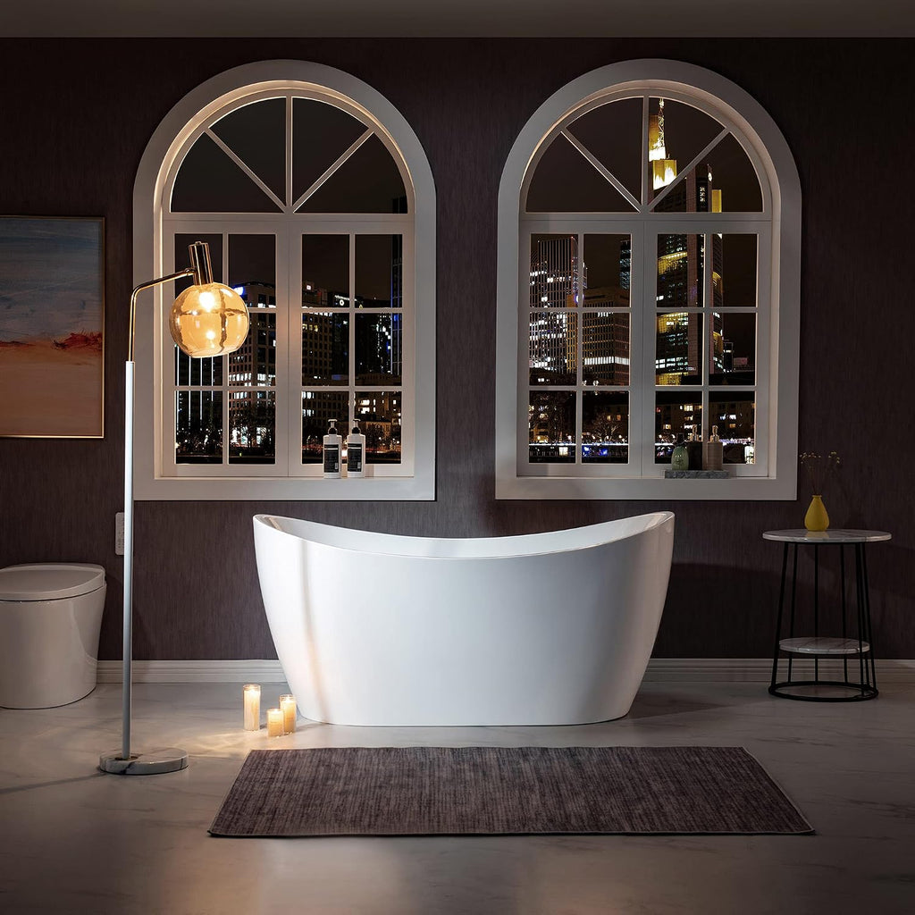 WOODBRIDGE 59'Freestanding White Acylic Soaking Bathtub with Brushed Gold Drain and Overflow,BTA1516 -BG-Drain &O
