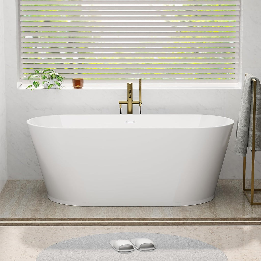 Zevemomo 67Inch Acrylic Freestanding Bathtub, Modern Stand Alone Soaking Tub with Brushed Nickel Overflow and Drain