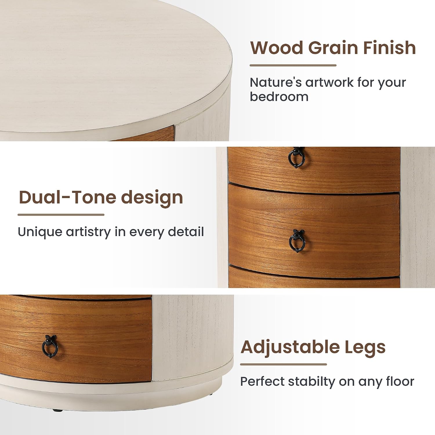 HOMPUS Fully Assembled Round Nightstand, 3 Drawer Chest of Drawers, Wood Rustic Farmhouse Dresser, Retro Modern Night Stand, Wood Rustic Farmhouse Dresser with Drawers for Bedroom, Brown + White