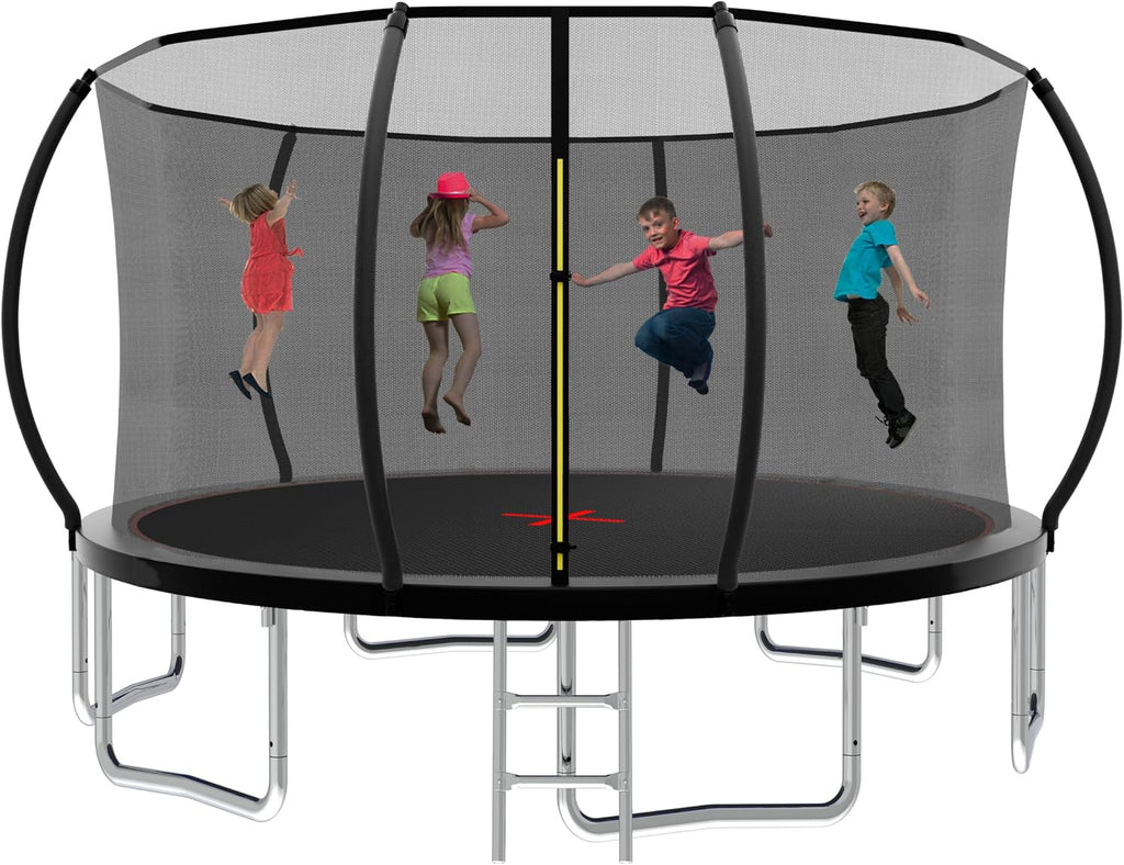 1500LBS 10FT 12FT 14FT 15FT 16FT Trampoline with LED Lights, Sprinkler, Music Speaker and Socks, ASTM Approved Outdoor Trampoline for Kids and Adults, Backyard Trampolines with Net Enclosure