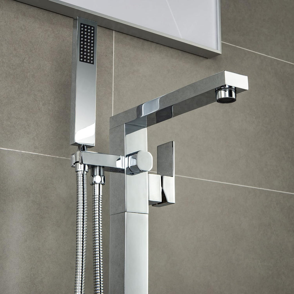 WOODBRIDGE Contemporary Single Handle Floor Mount Freestanding Tub Filler Faucet with Hand shower in Chrome Finish, F0004CHN