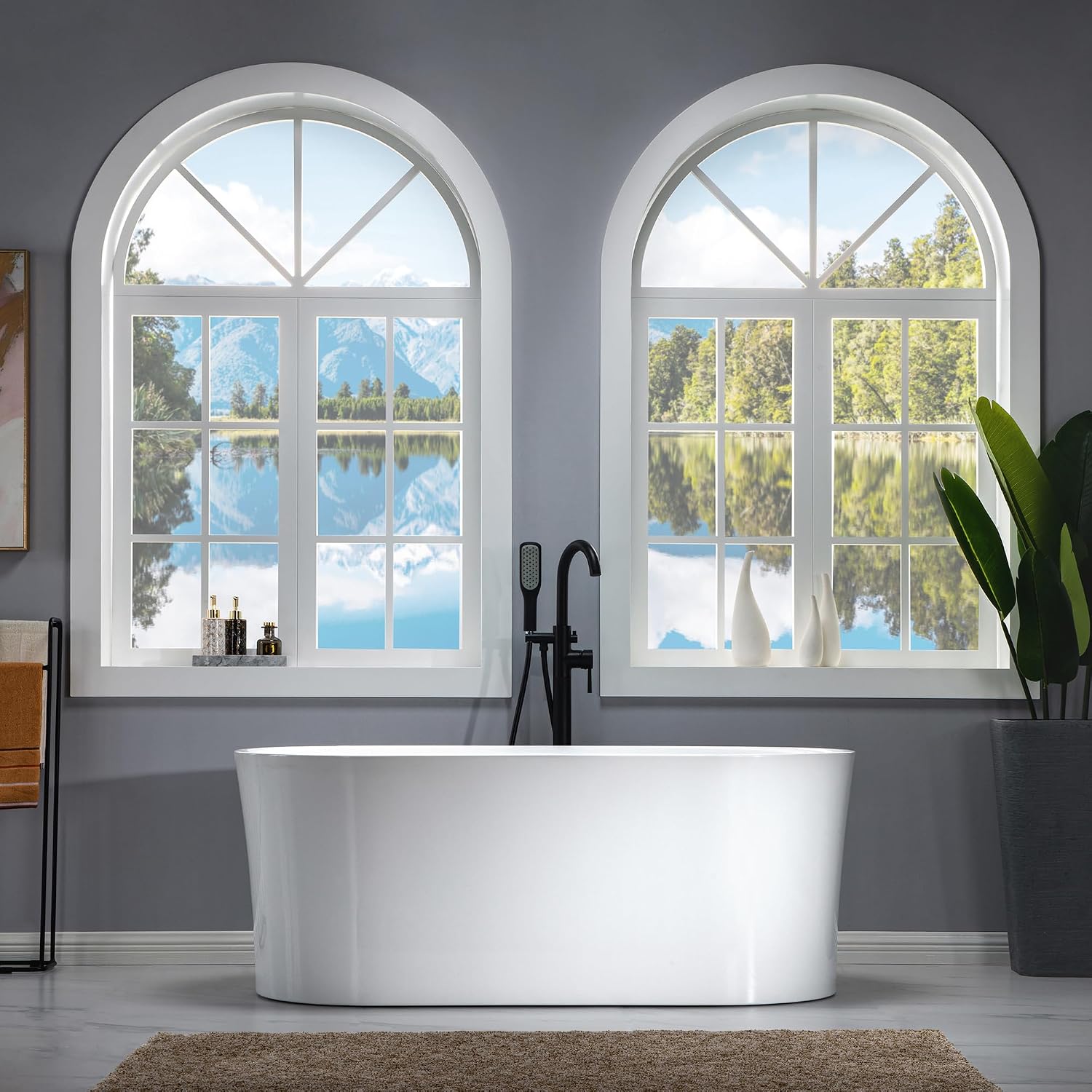 WOODBRIDGE 59' Acrylic Freestanding Bathtub Contemporary Soaking Tub with Brushed Nickel Overflow and Drain,White Tub,B0058-BN