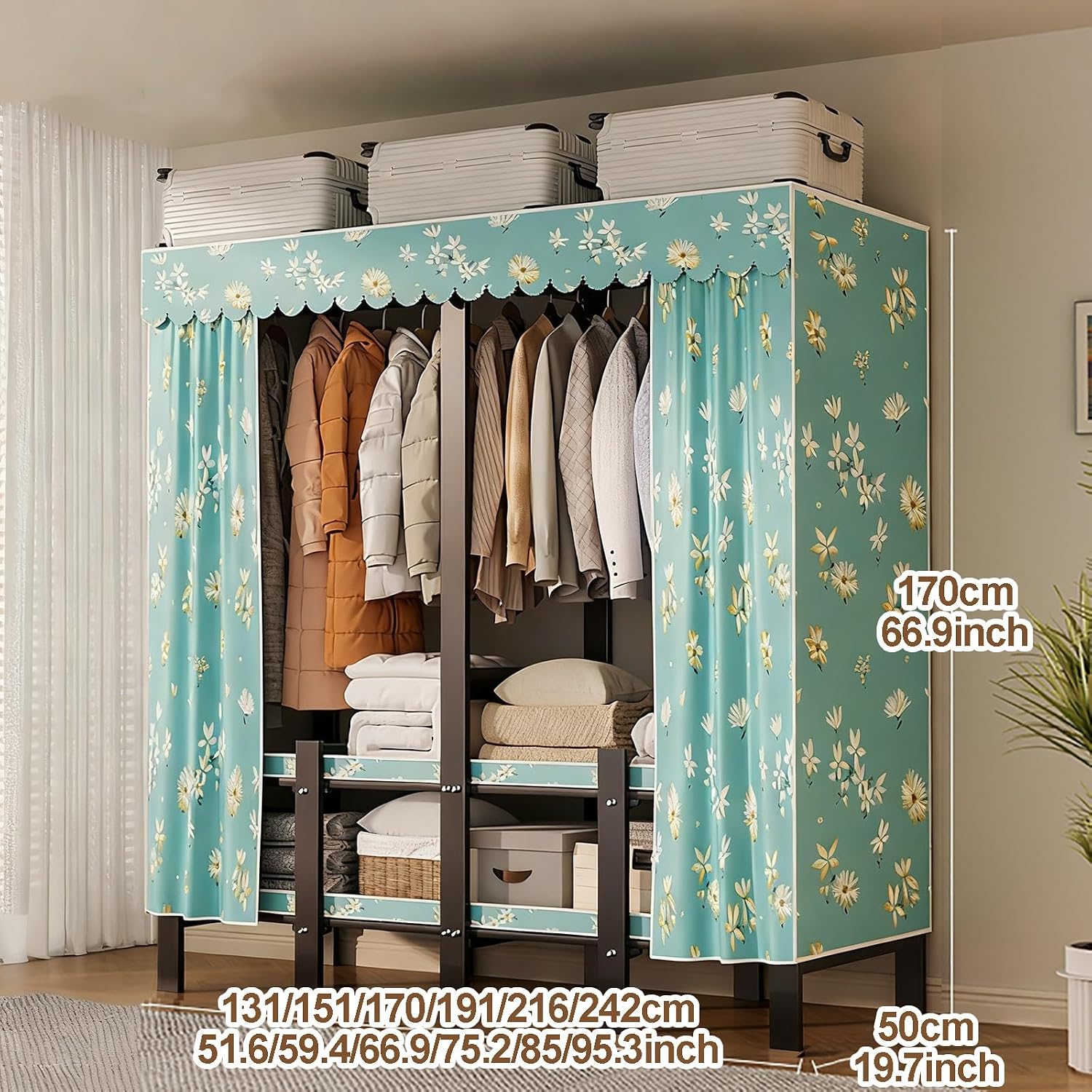 Foldable Portable Closet Wardrobe, Clothe Rack With Cover, Clothing Garment Racks, Portable Wardrobe Closets For Hanging Clothes, For Hanging Clothes(Blue,131cm/51.6inch)