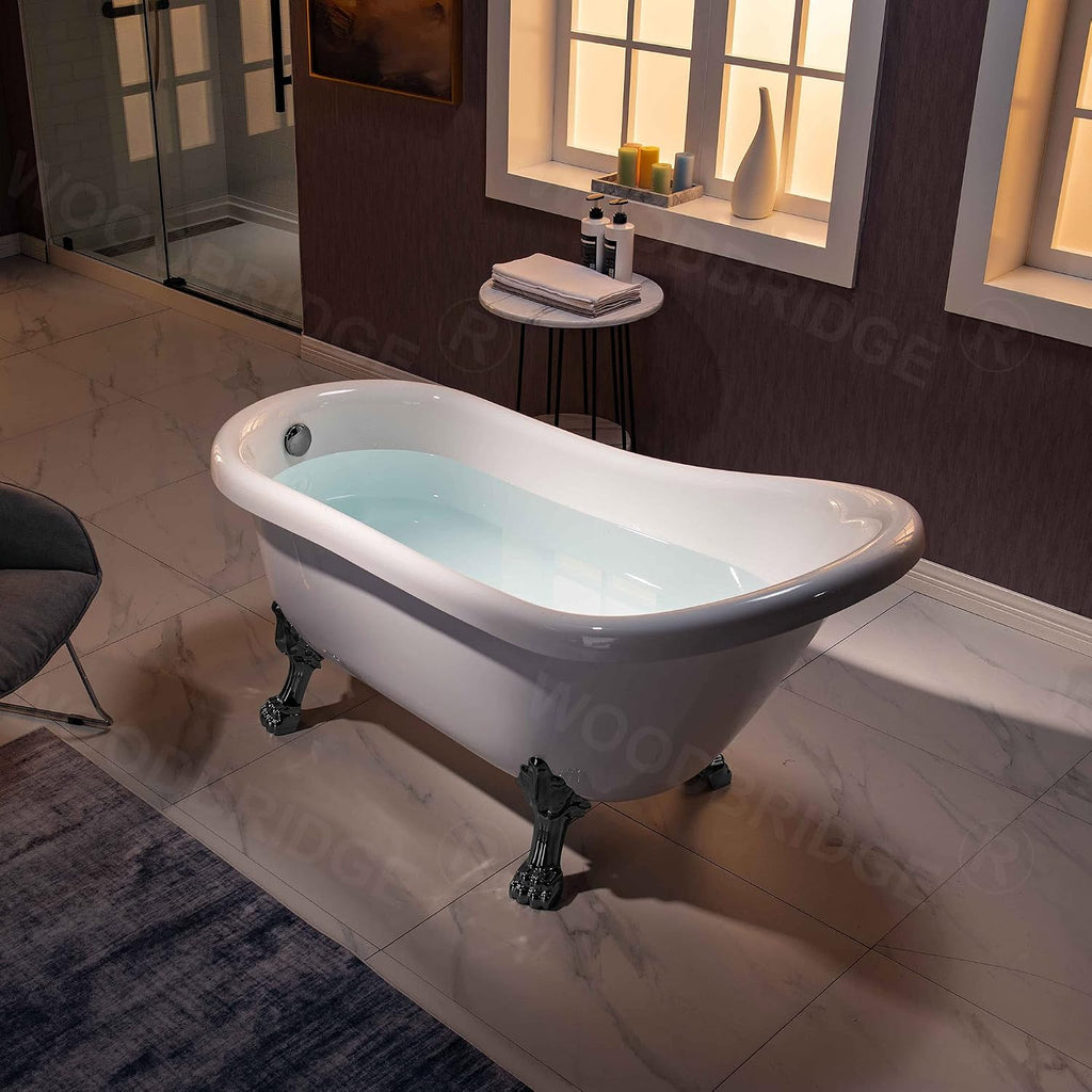 WOODBRIDGE 59' Heavy Duty Acrylic Slipper Clawfoot Bath Tub with Matte Black Feet + Matte Black Drain &Overflow