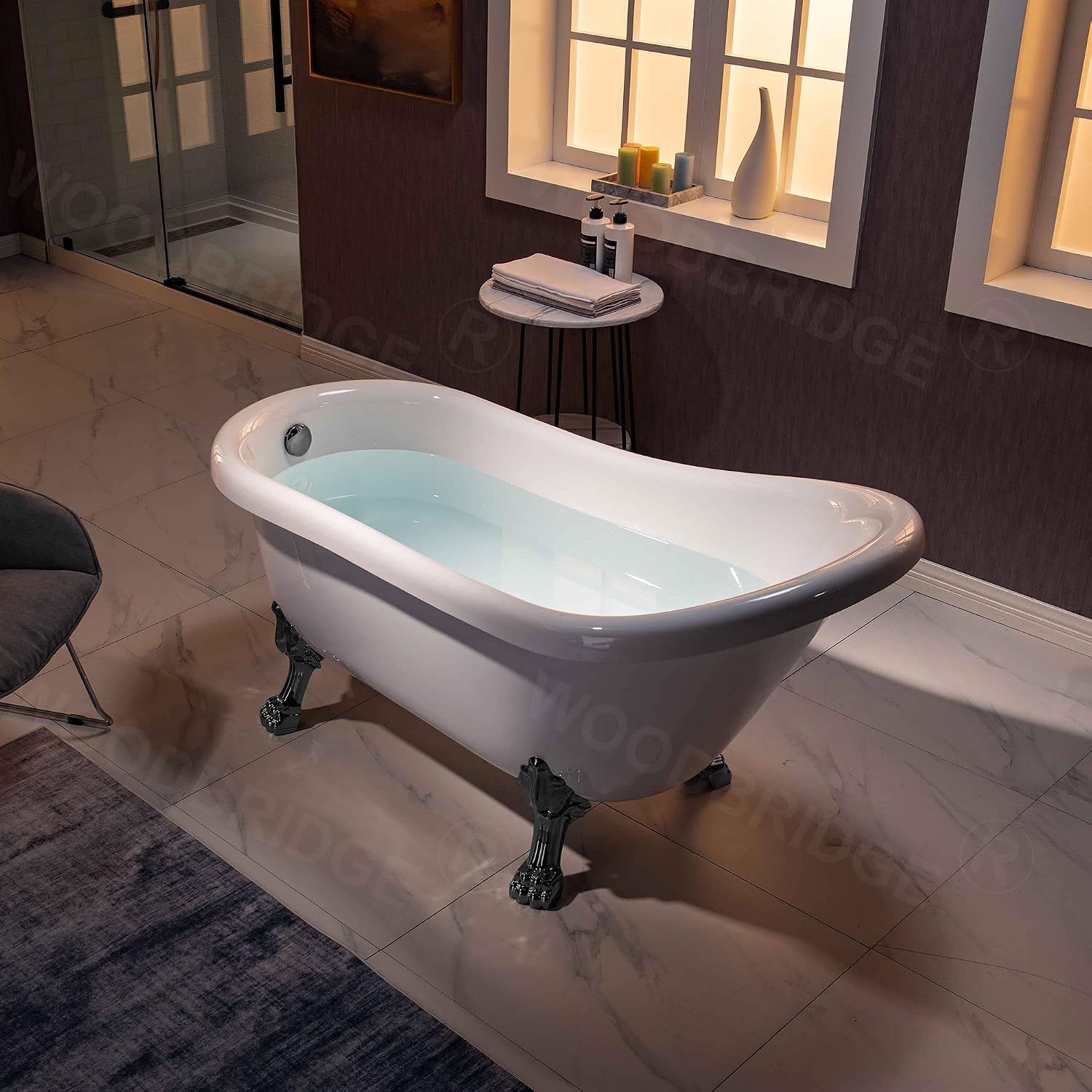 WOODBRIDGE 59' Heavy Duty Acrylic Slipper Clawfoot Bath Tub with Matte Black Feet + Matte Black Drain &Overflow