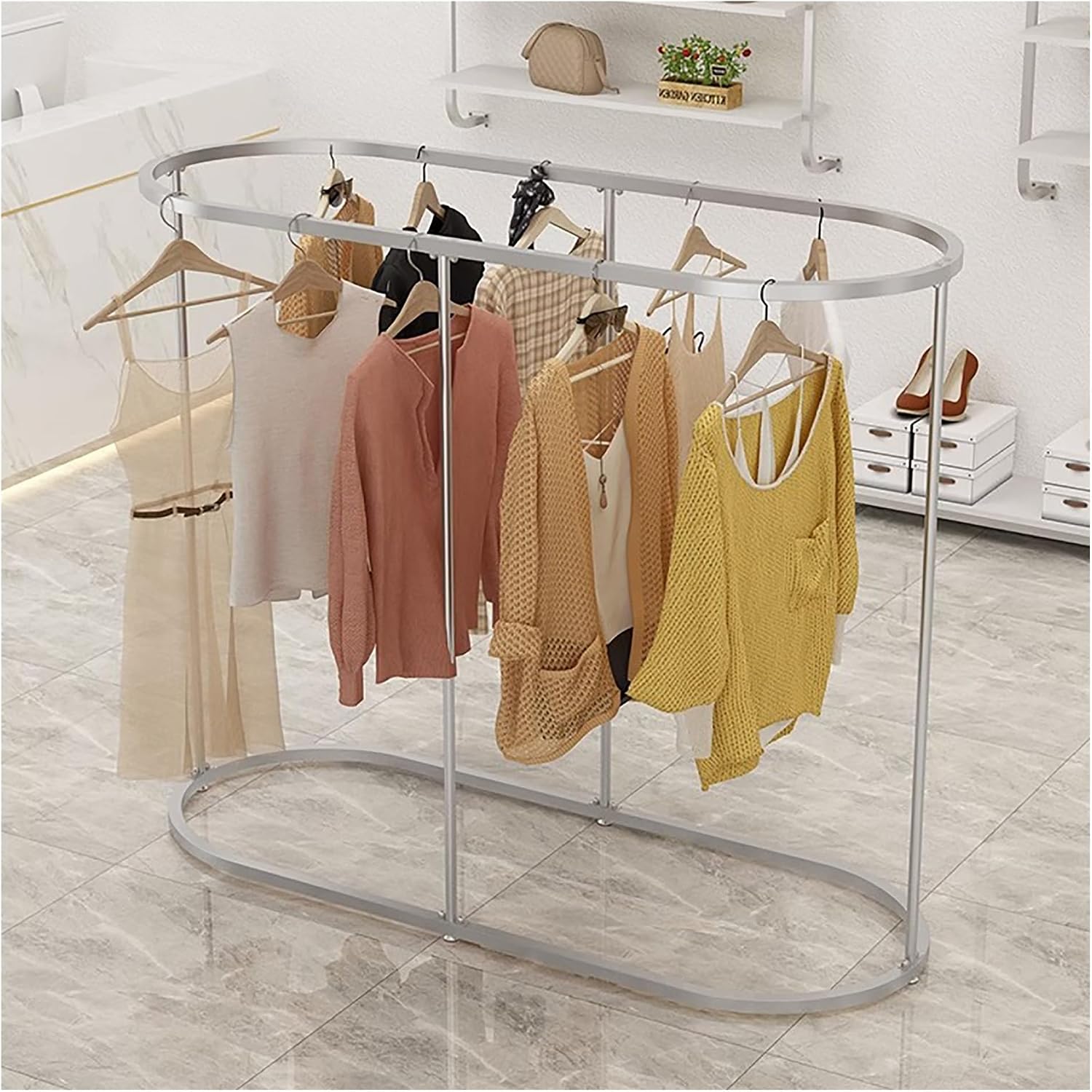 Black Modern Black Metal Hanging Rod Freestanding Garment Rack for Bedroom Hall Clothes Store and Boutique Creative Display in Boutique Clothing Stores,Silver L150cm H140cm