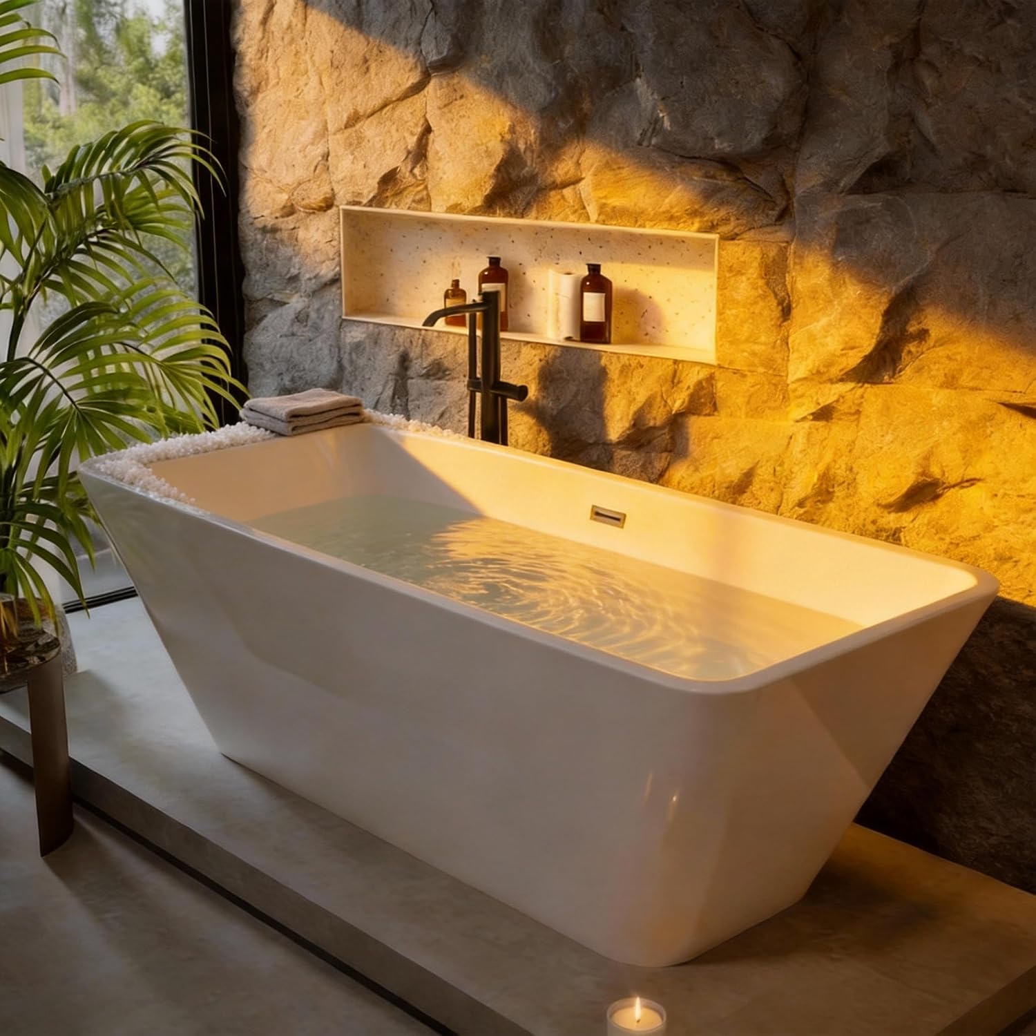 59' Acrylic Freestanding Bathtub with Chrome Drain Kit, Contemporary Square Soaking Tub with Overflow and Flexible PVC Drain Pipe, Double-Walled Insulation, CUPC Certified, Glossy White Finish