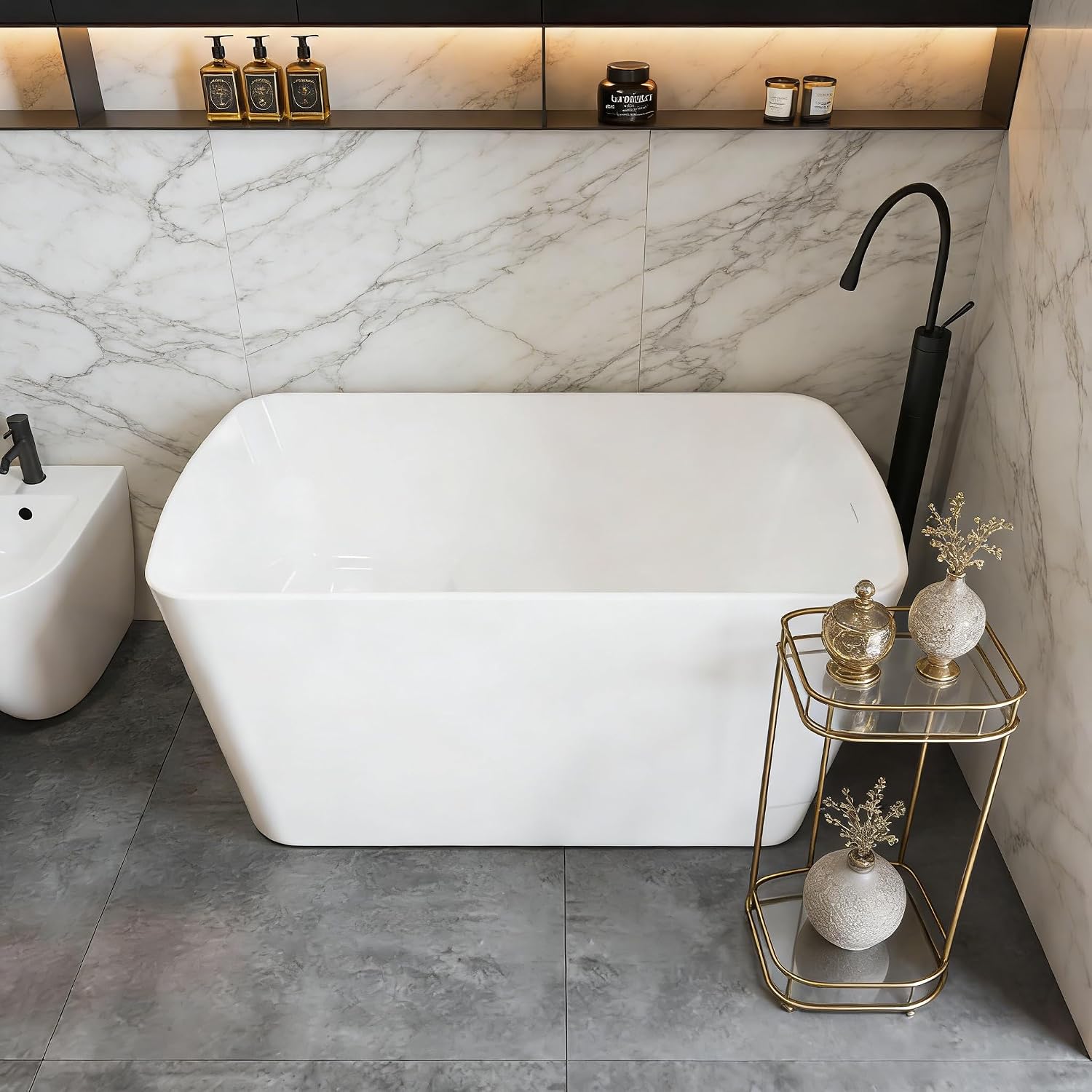 Garvee 49' Acrylic Freestanding Bathtub, Modern Deep Soaking Tub, cUPC Certified Free Standing Tub, Chrome Drain/Overflow, White Acrylic, White Square