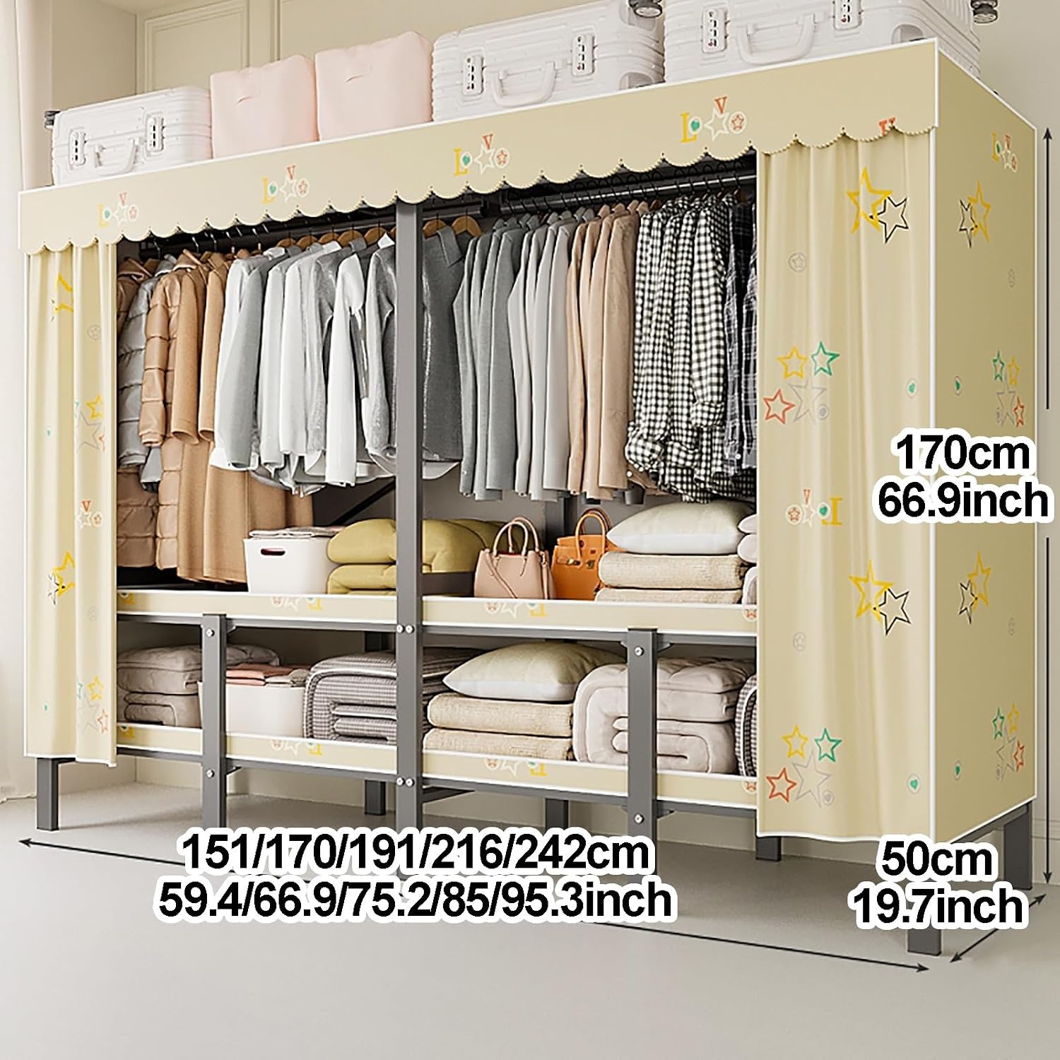 Heavy Duty Portable Closet With Cover, Foldable Clothe Garment Rack For Hanging, Foldable Covered Clothes Rack, Freestanding Clothing Coat Storage Rack(151cm/59.4inch)