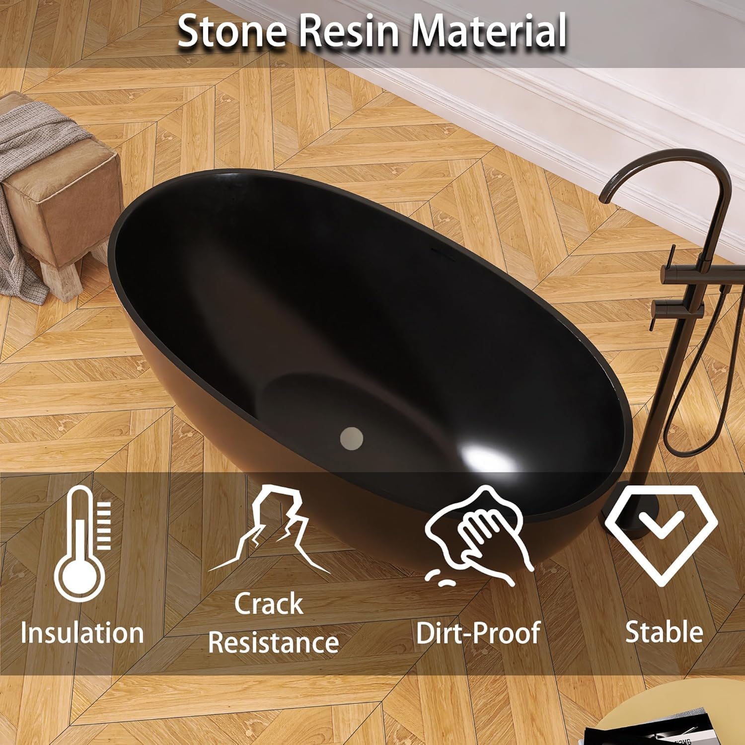 Oval 55' Freestanding Tub, Solid Surface Bathtub Matte Black | Stone Resin, Overflow and Pop up Drain, Solid Surface Bathroom Soaking Tub, Cupc Certified, Contemporary