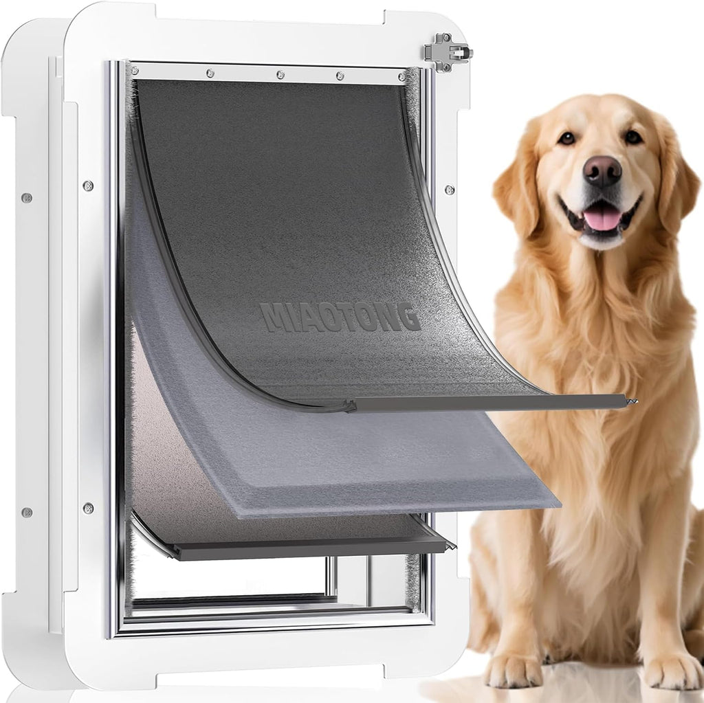 3-Flap Steel Large Dog Door for Exterior Doors with Sliding Lock Panel, Energy-Efficient Insulated Pet Door, Extreme Weather Doggy Door with Telescoping Tunnel, Never Rust（Pets Up to 100 Lb）