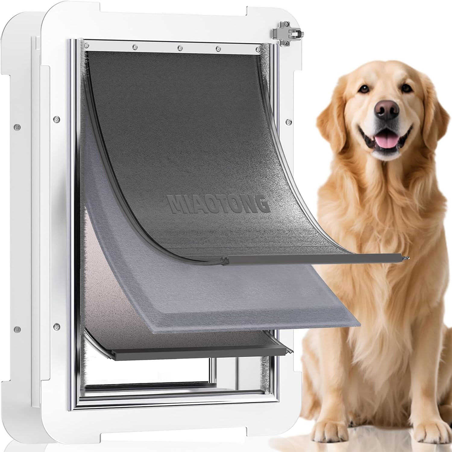 3-Flap Steel Large Dog Door for Exterior Doors with Sliding Lock Panel, Energy-Efficient Insulated Pet Door, Extreme Weather Doggy Door with Telescoping Tunnel, Never Rust（Pets Up to 100 Lb）