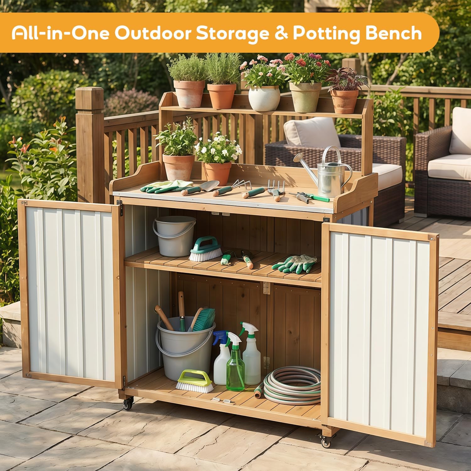 Potting Bench Table & Outdoor Storage Cabinet with Lockable Wheels, Adjustable Shelves, Mobile Waterproof Metal Top Workstation for Garden Patio BBQ Organization, Magnetic Latch & Edge Guard