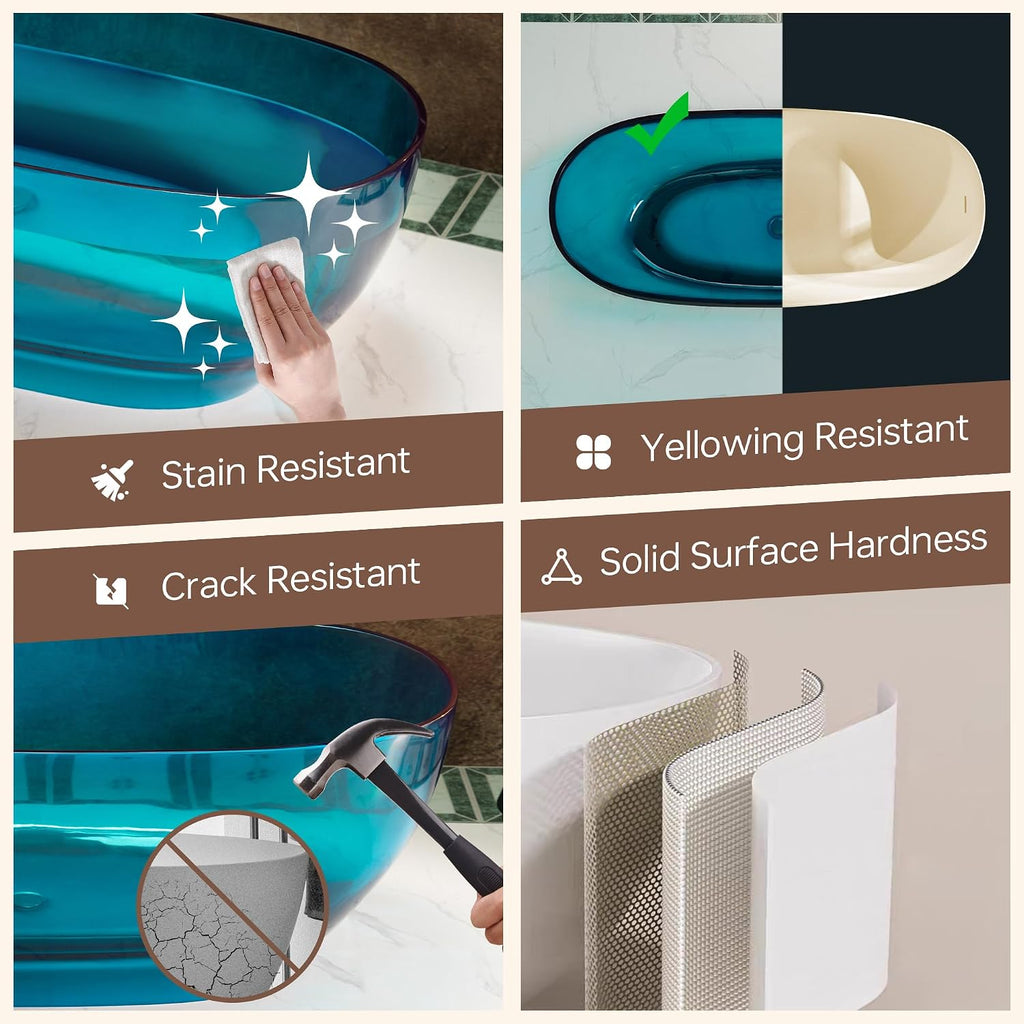 WOODBRIDGE 63' L x 28-3/8' W Transparent Blue Stone Resin Freestanding Soaking Tub with Double Ended Design