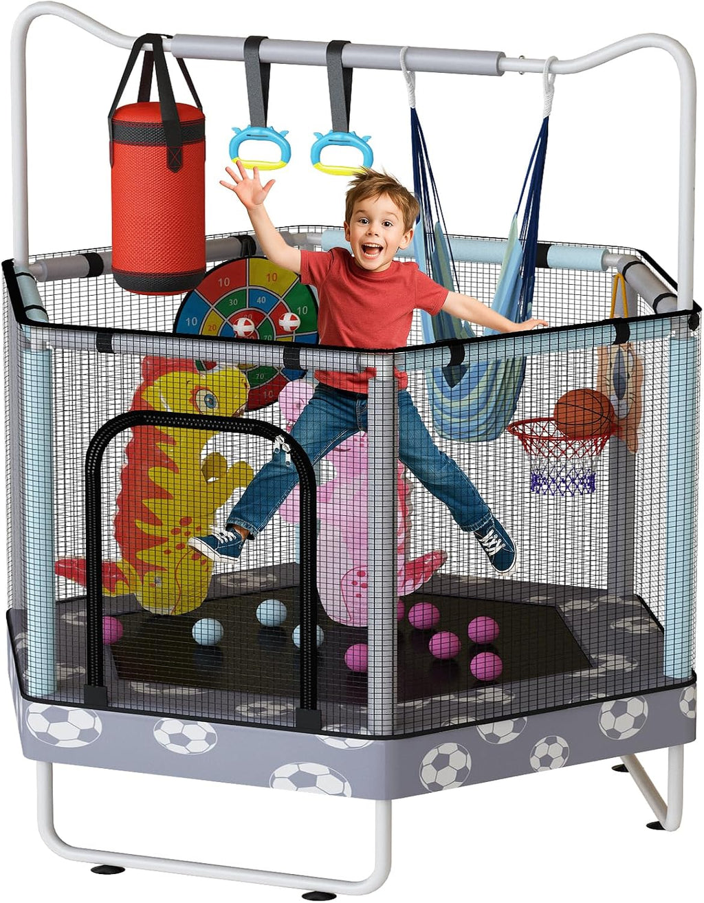 LAMERGE 55' 7-in-1 Round Trampoline for Kids Boys & Girls Ages 1-8, Indoor & Outdoor Trampoline for Fun, Adjustable Height Handrail ＆ Enclosed Safety Net ＆ Durable Designs for Toddlers Children