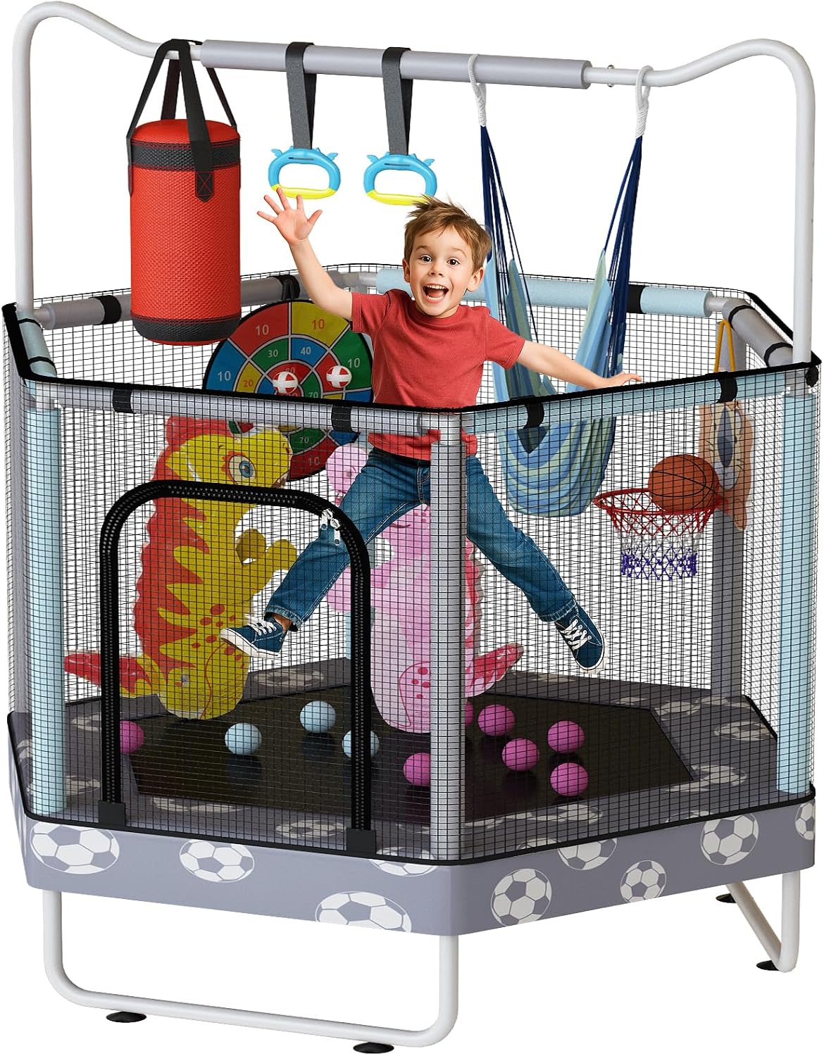 LAMERGE 55' 7-in-1 Round Trampoline for Kids Boys & Girls Ages 1-8, Indoor & Outdoor Trampoline for Fun, Adjustable Height Handrail ＆ Enclosed Safety Net ＆ Durable Designs for Toddlers Children