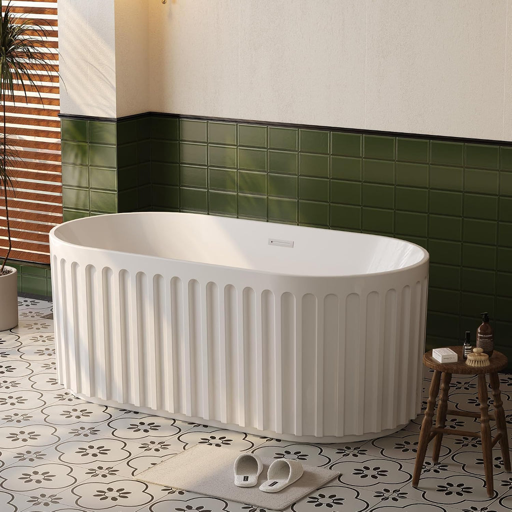 67 Inch Acrylic Freestanding Bathtub with Textured Stripes, Deep Soak Tub, Space-Saving, Glossy Surface, Luxury Spa Design for Modern Bathrooms