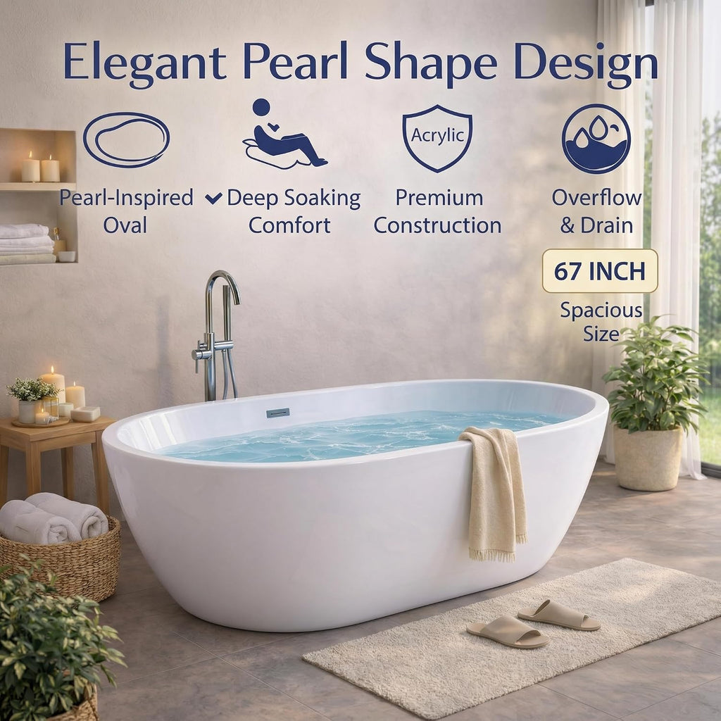 Acrylic Freestanding Bathtub, 67 Inch Deep Soaking Tub, One End Raised, White Interior Black Exterior, Chrome Pop-Up Drain, Overflow, Modern Acrylic Stand Alone Tub for Home, Bathroom