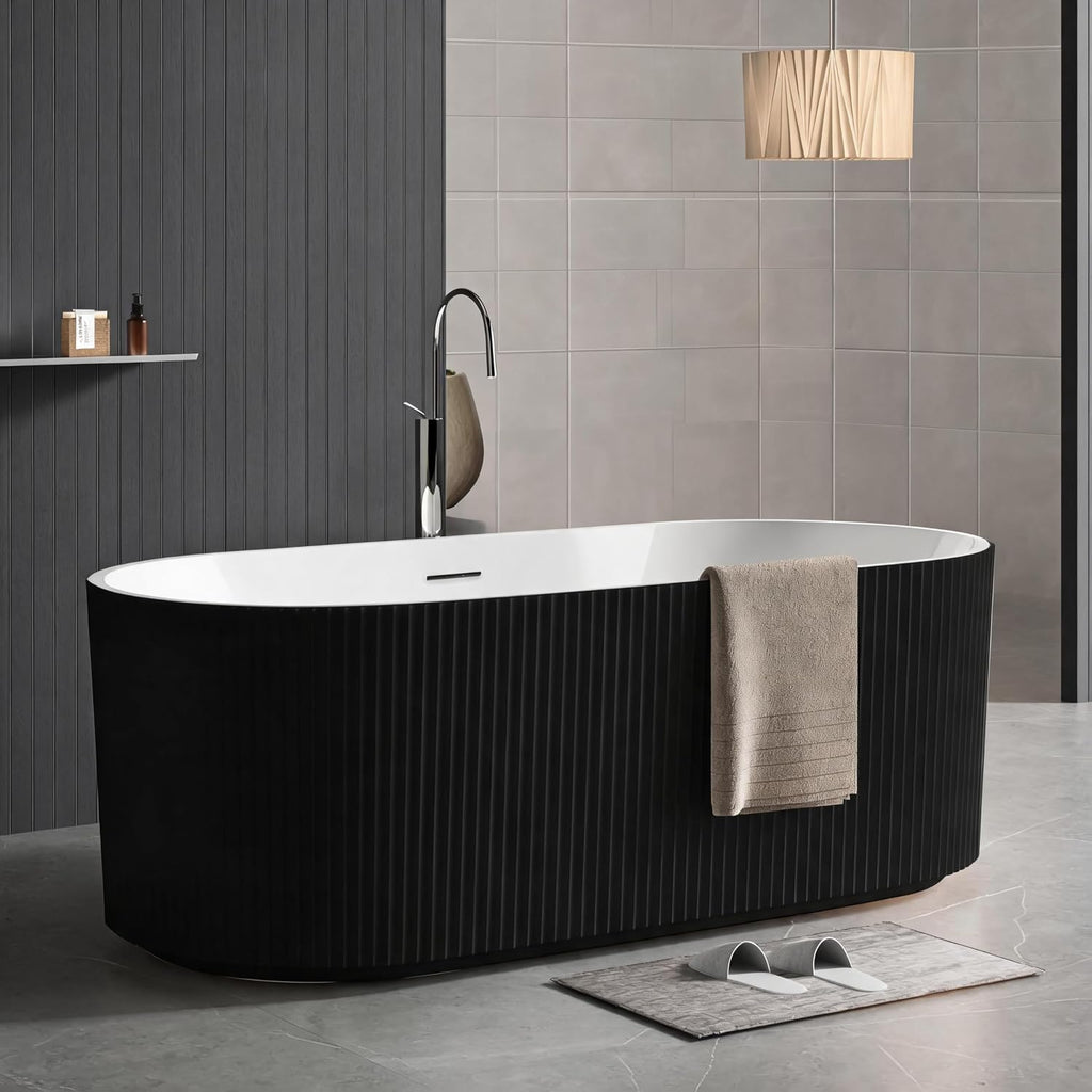 67' Freestanding Bathtub, Acrylic Soaking Tub with V Shape Pleated Design, Chrome Drain & Classic Slotted Overflow, CUPC Certified, Black and White for Modern Bathroom
