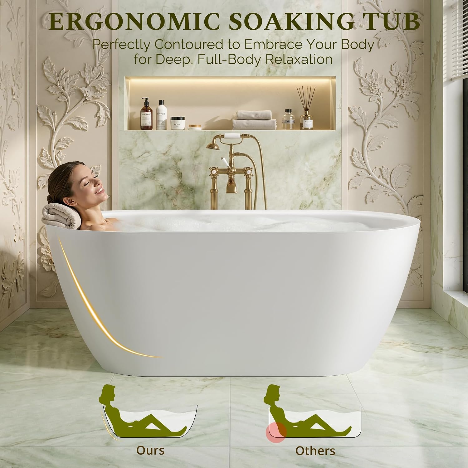59' Freestanding Bathtub, Modern Oval Acrylic Soaking Tub with Overflow & Shower Function, Deep Standalone Tub with cUPC Certification, Double-Walled Insulation, White (59Inch)