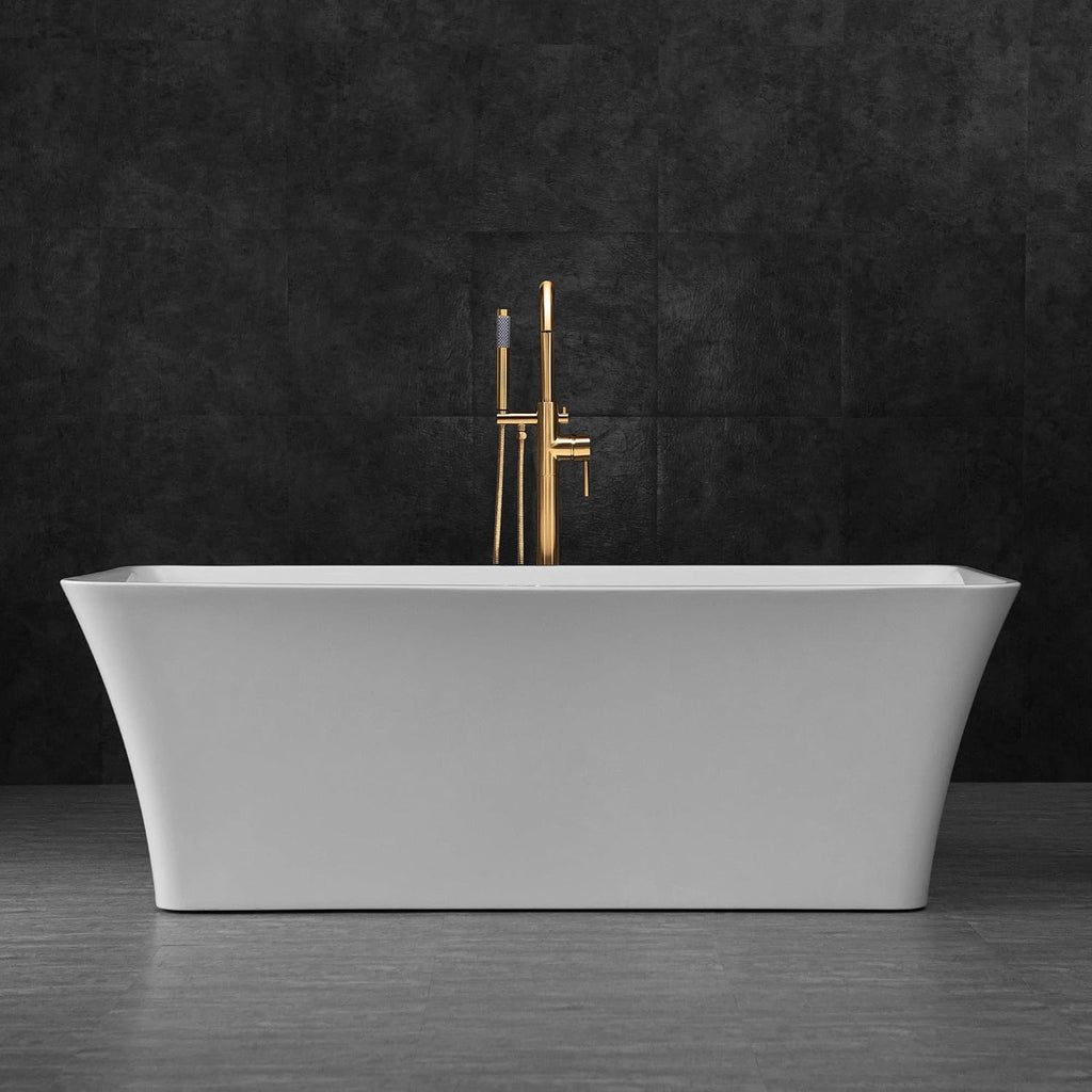 WOODBRIDGE 67' Acrylic Freestanding Bathtub Contemporary Soaking Tub, White Acrylic (Brushed Gold Drain/Overflow), B0004 -G-Drain &O