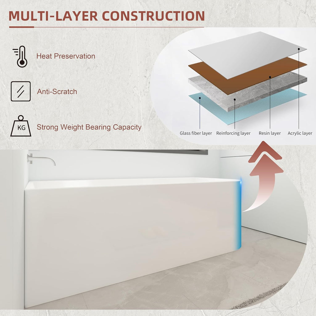 59 inch Corner Wave Style Left Drain Freestanding Soaking Bathtub, Modern Stand Alone Free Standing Acrylic Durable Tub with Left Hand Drain & Overflow, Glossy White