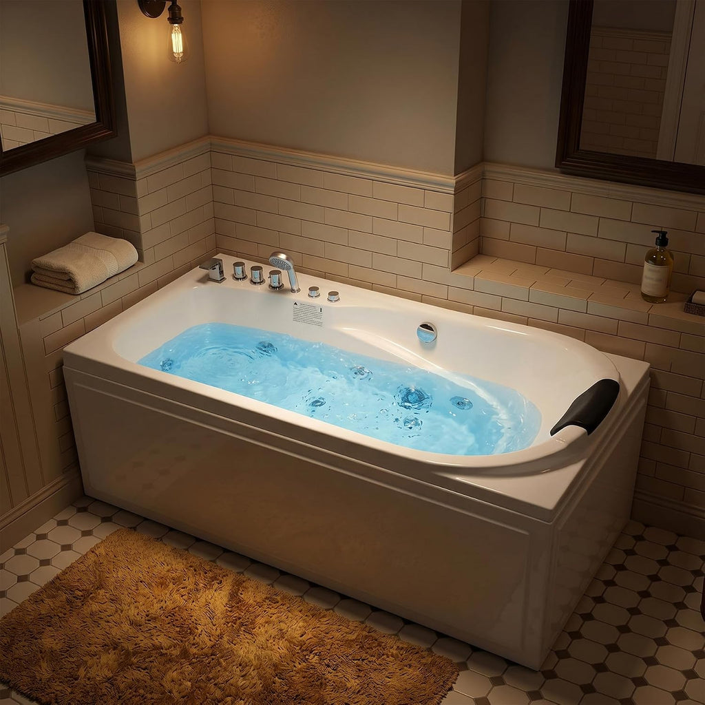67' x 34' Acrylic Whirlpool Bathtub with Center Drain – 8 Hydro Jets, 750W Jetted Tub, Ergonomic Soaker, White