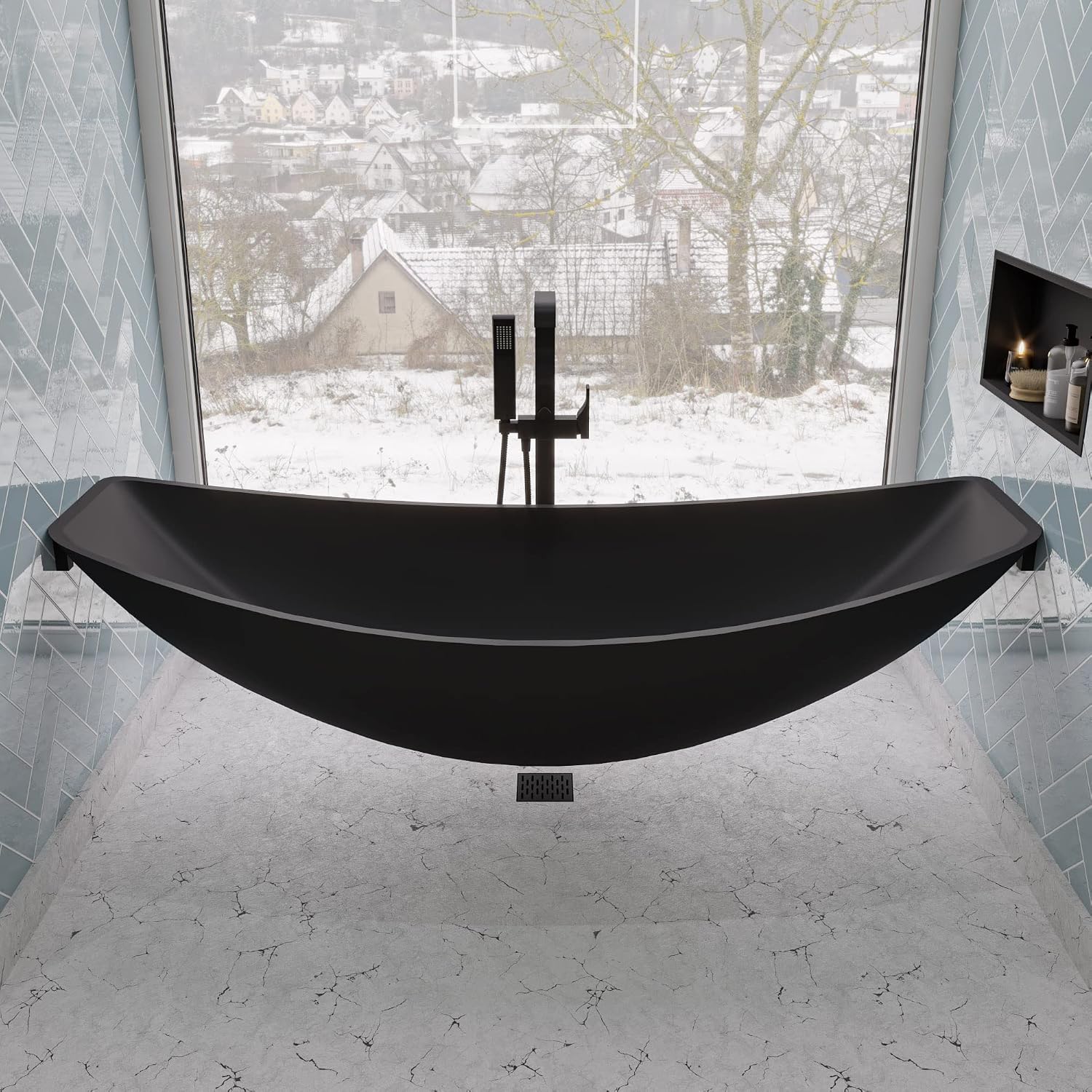 ALFI brand HammockTub1-BM Black Matte 79' Acrylic Suspended Wall Mounted Hammock Bathtub