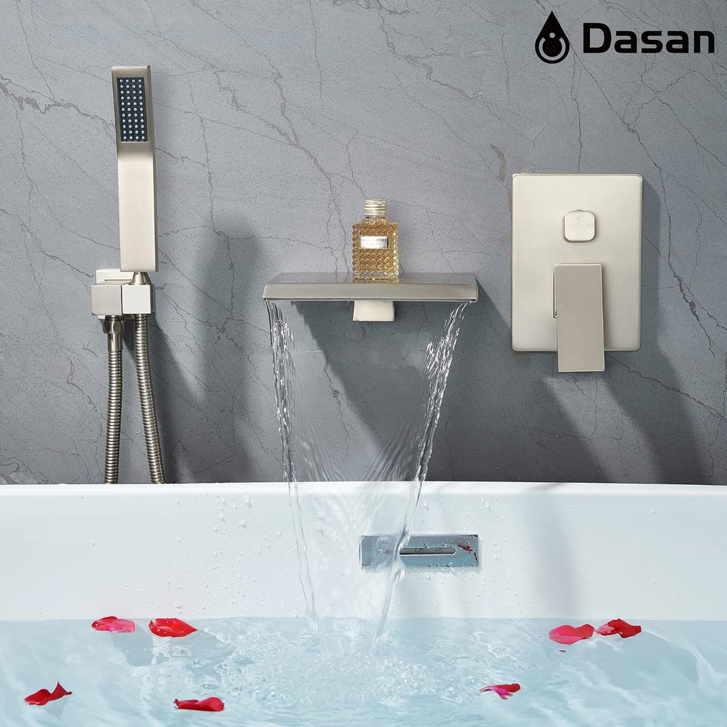 Upgraded Wall Mount Tub Filler Faucet with Handheld Shower, DASAN Modern Wall Mounted Bathtub Faucet Brushed Nickel High Flow Waterfall Tub Faucet with Rough in Valve, SA-TF04WH-BN