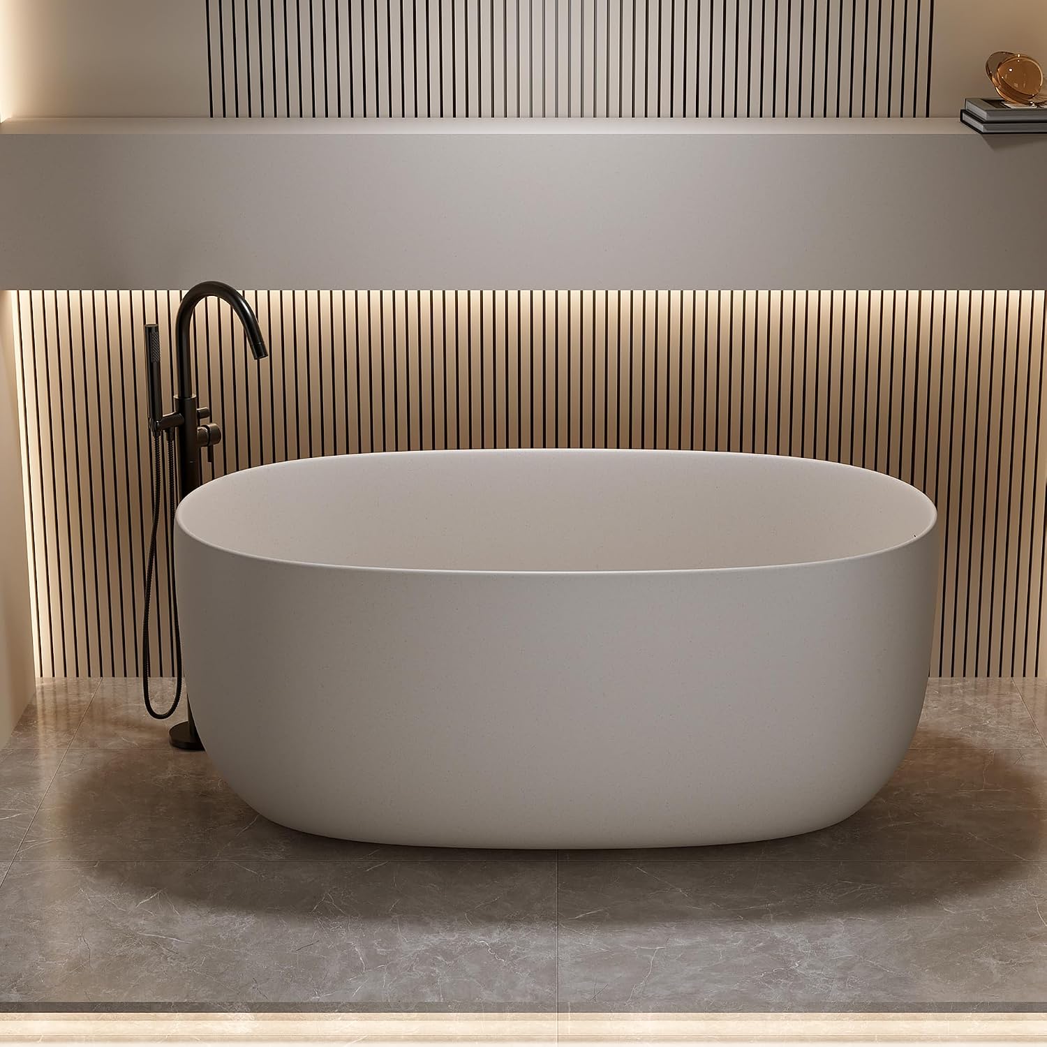 KEIKI 51'' Freestanding Bathtub, Resin Stone Soaking Bathtub, Solid Surface Modern Tubs with Overflow and Pop-up Drain, Beige