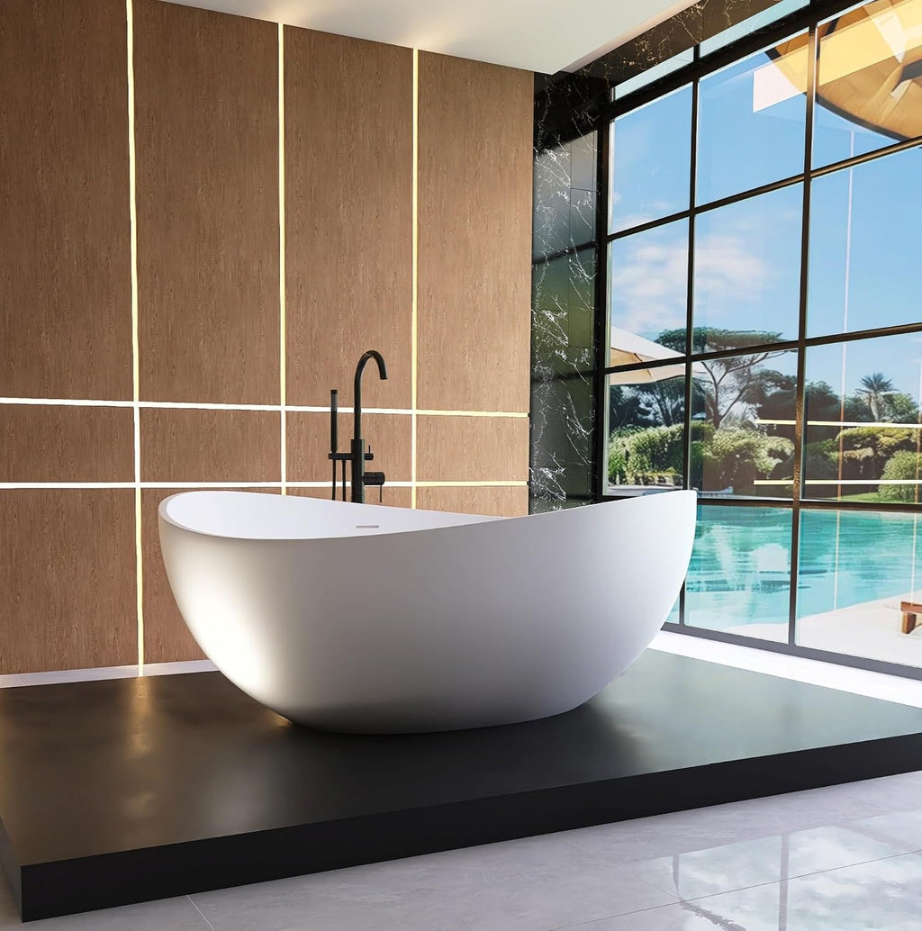 63' Wave Shape Freestanding Bathtub, Solid Surface Matte White | Modern Stand Alone Tub, Resin Stone, Overflow and Drain Saoking Bath Tub