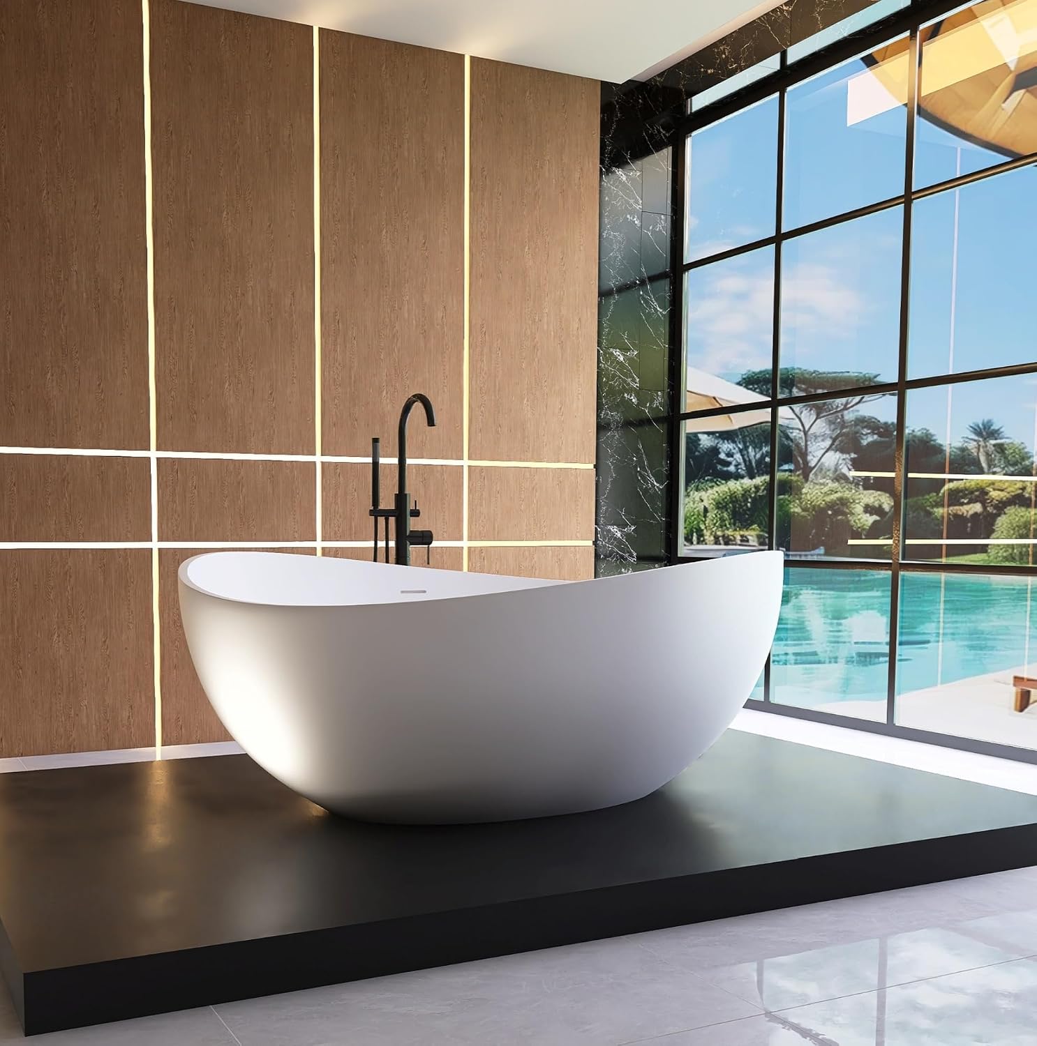 63' Wave Shape Freestanding Bathtub, Solid Surface Matte White | Modern Stand Alone Tub, Resin Stone, Overflow and Drain Saoking Bath Tub