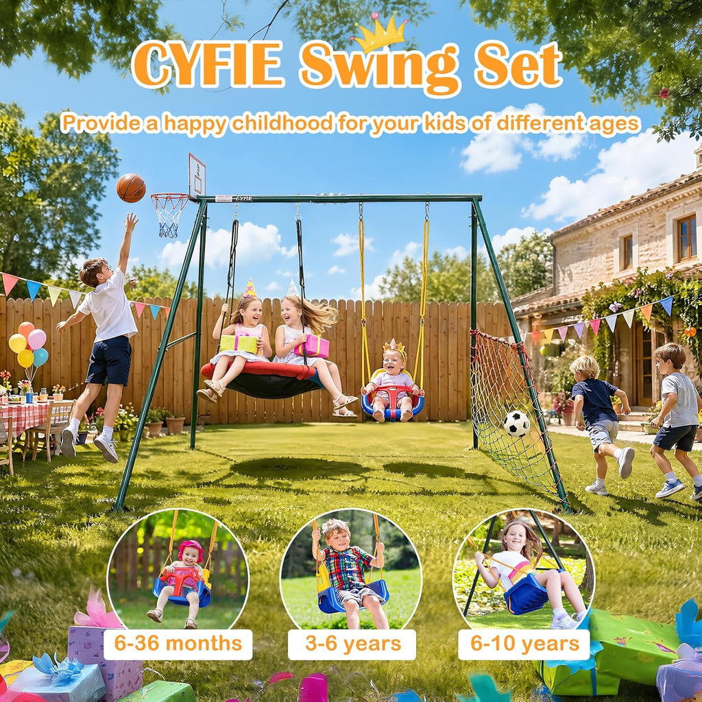 CYFIE Swing Sets for Backyard, 7-in-1 Kids Swing Set and Saucer Swing, Outdoor 440lbs Heavy Duty Metal Frame Stand, Basketball Hoop and Soccer Goal, Toddler Playset for Backyard, Playground