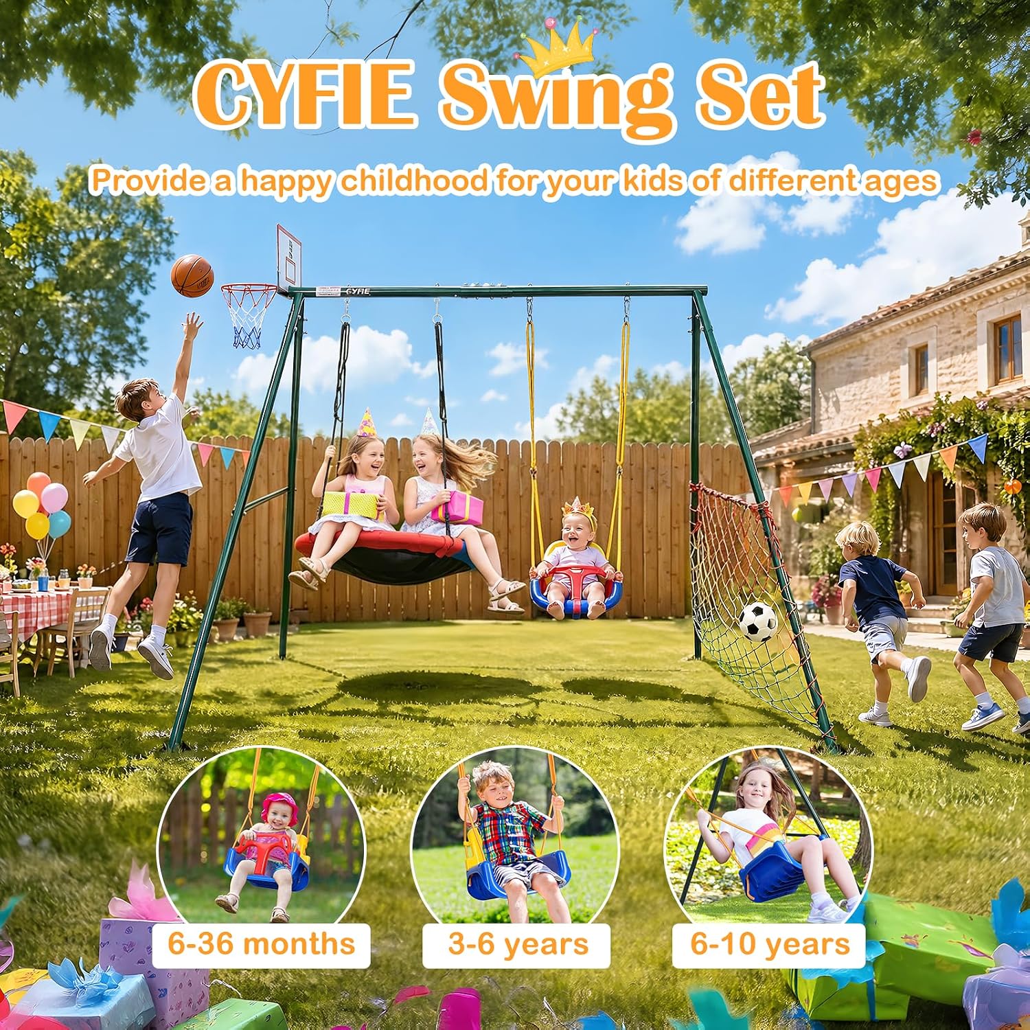 CYFIE Swing Sets for Backyard, 7-in-1 Kids Swing Set and Saucer Swing, Outdoor 440lbs Heavy Duty Metal Frame Stand, Basketball Hoop and Soccer Goal, Toddler Playset for Backyard, Playground