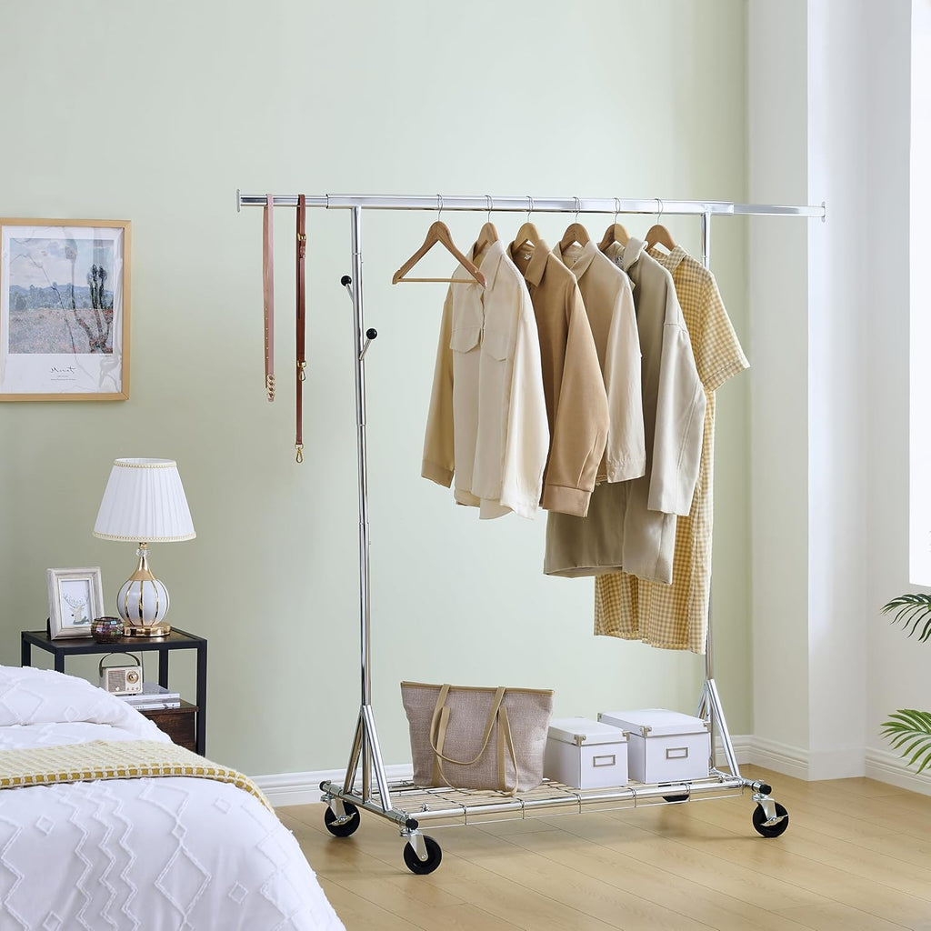 Heavy-Duty 600LBS Rolling Clothes Rack - Commercial-Grade, Adjustable, Extendable & Collapsible Garment Rack with Wheels and Triangular Stability Bracket