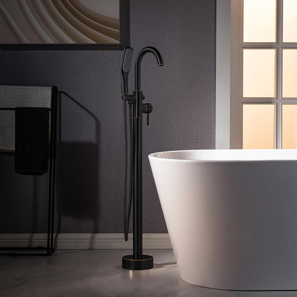 WOODBRIDGE High Flow Rate 8 GPM Freestanding Tub Filler Faucet with Hand Shower, Oil Rubbed Bronze,F0027ORBSQ