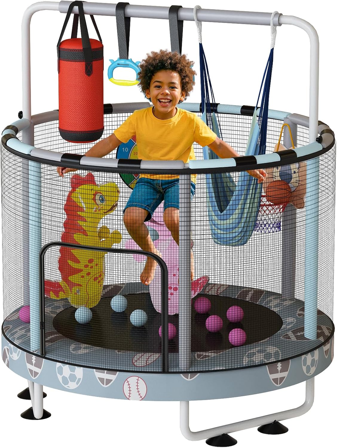 LAMERGE 55' 7-in-1 Round Trampoline for Kids Boys & Girls Ages 1-8, Indoor & Outdoor Trampoline for Fun, Adjustable Height Handrail ＆ Enclosed Safety Net ＆ Durable Designs for Toddlers Children