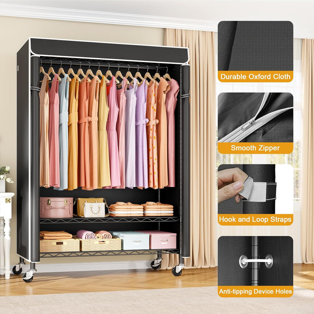 ULIFHOME P6C Plus & P6C Rolling Clothes Rack with Cover, Covered Clothing Rack Heavy Duty, Portable Closet for Hanging Clothes, Garment Rack on Wheels, Black Closet Rack with Black Cover