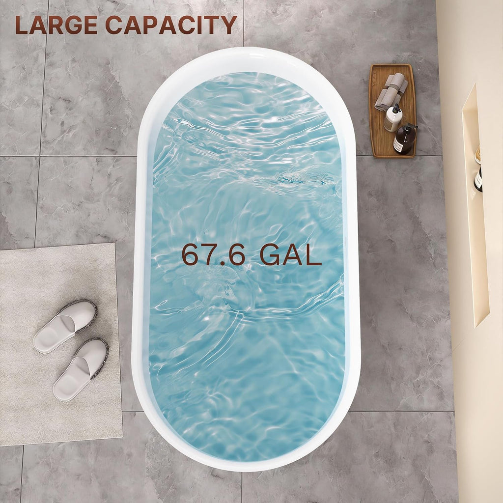 59' Free Standing Tub, Modern Deep Soaking Tub, Acrylic Stand Alone Bath Tub for Bathroom, Freestanding Bathtub with Integrated Overflow & Pop-Up Drain, cUPC Certified, Glossy White Finish