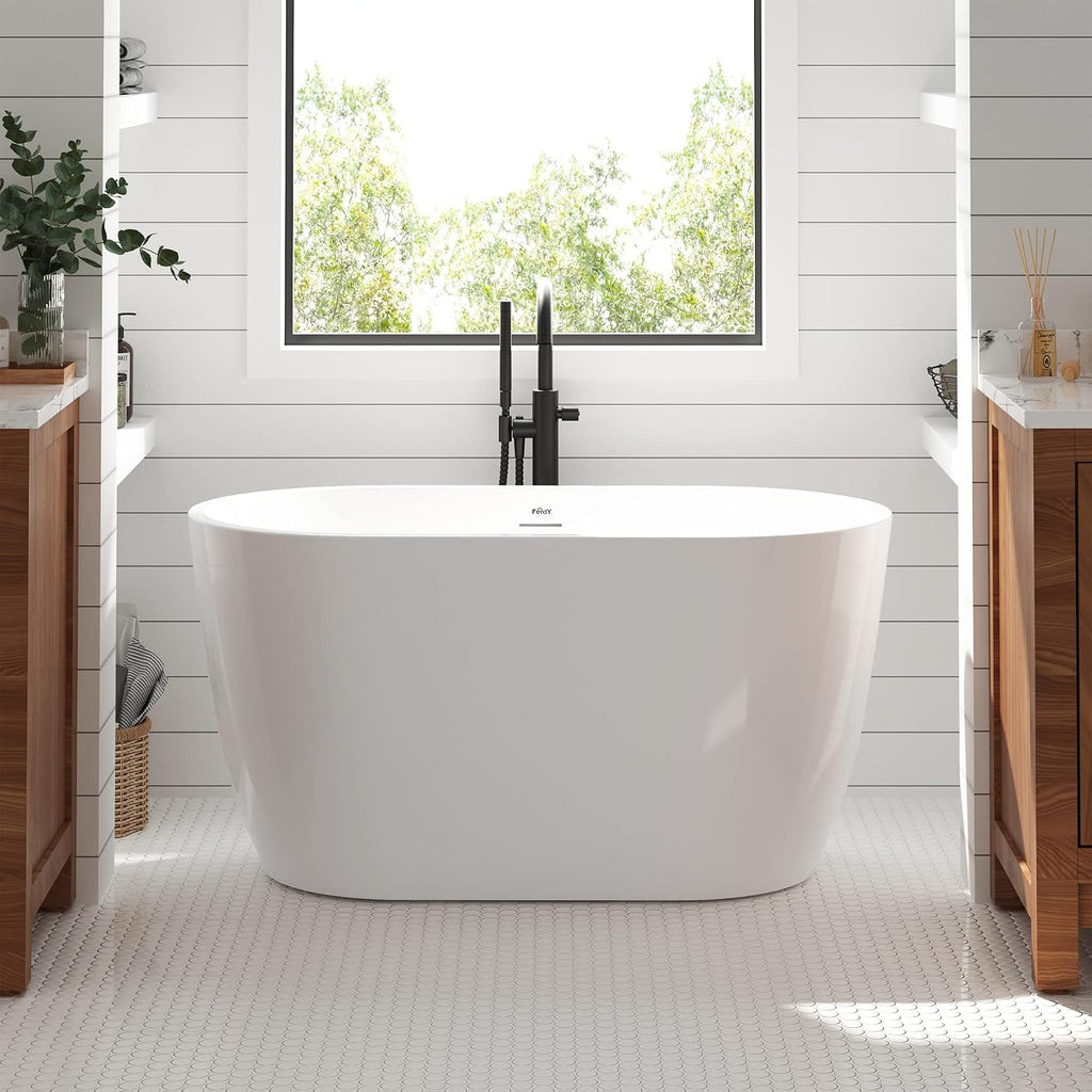 FerdY 47' Bali Acrylic Freestanding Bathtub, Gracefully Shaped Freestanding Soaking Bathtub, cUPC Certified, Brushed Nickel Drain & Bath Pillow for Bathtub,Thick Tub Pillows, Breathable 4D Air Mesh