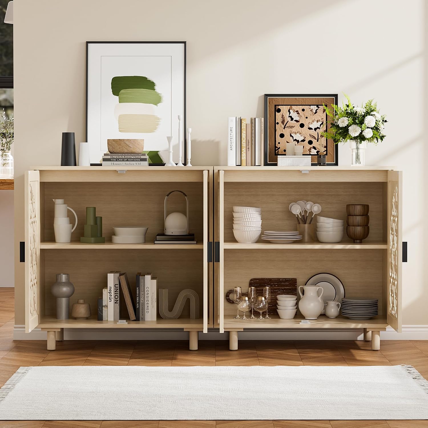Storage Sideboard Cabinet, 60 x 32 x 16 inches, 4 Doors with Decorative Carved Panels, Natural Wood. [2pcs, Beige]